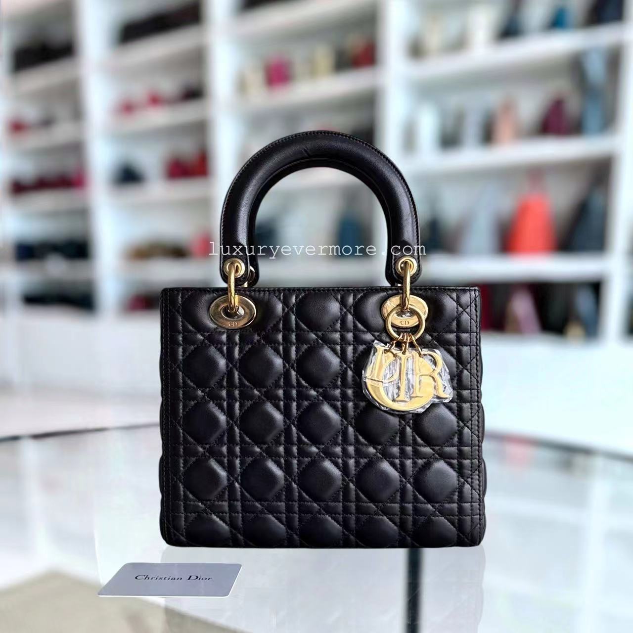 Dior Lady Medium Cannage Lambskin Black Golden Hardware