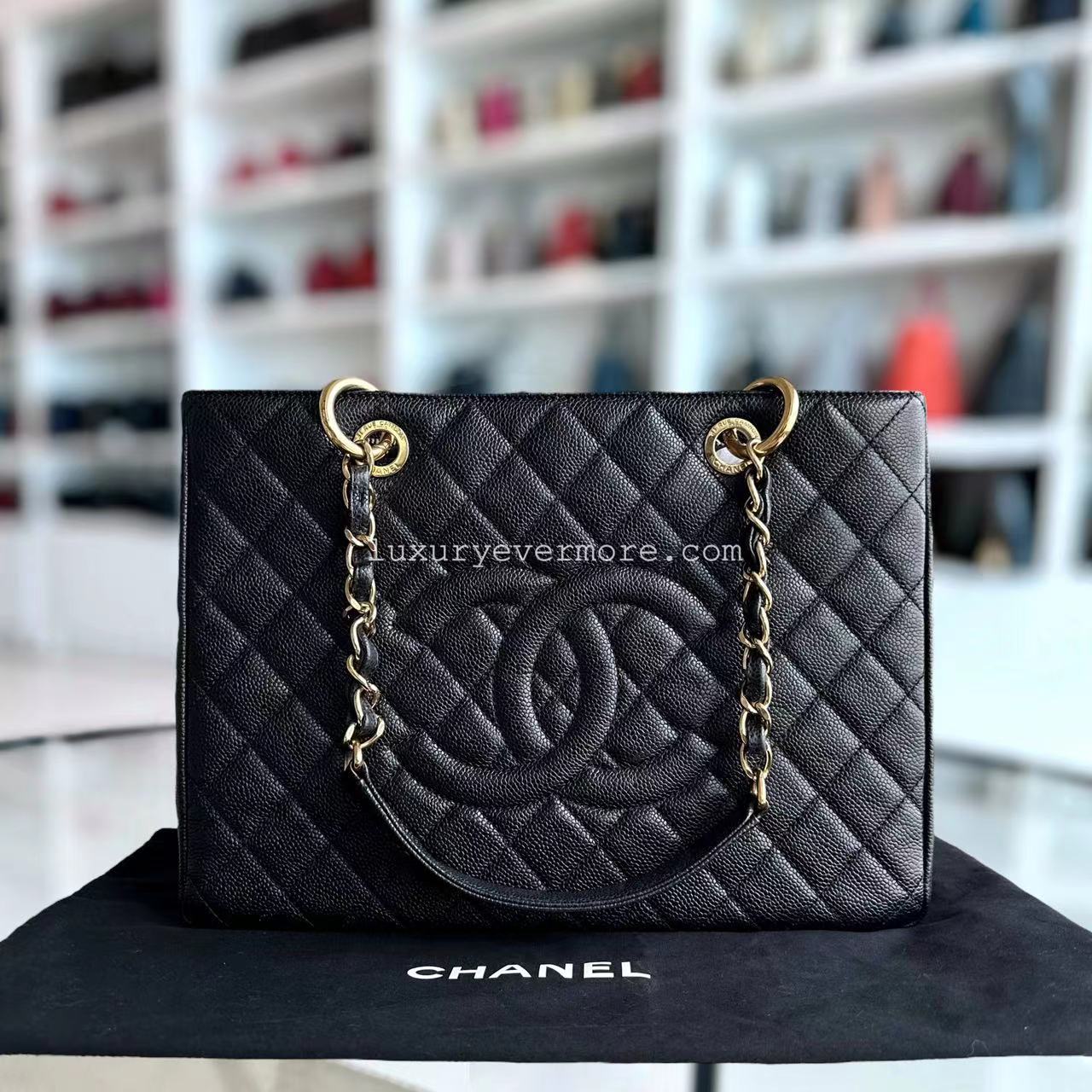 Chanel GST Grand Shopping Tote Caviar Quilted Grained Calfskin Black Golden Hardware Series 19