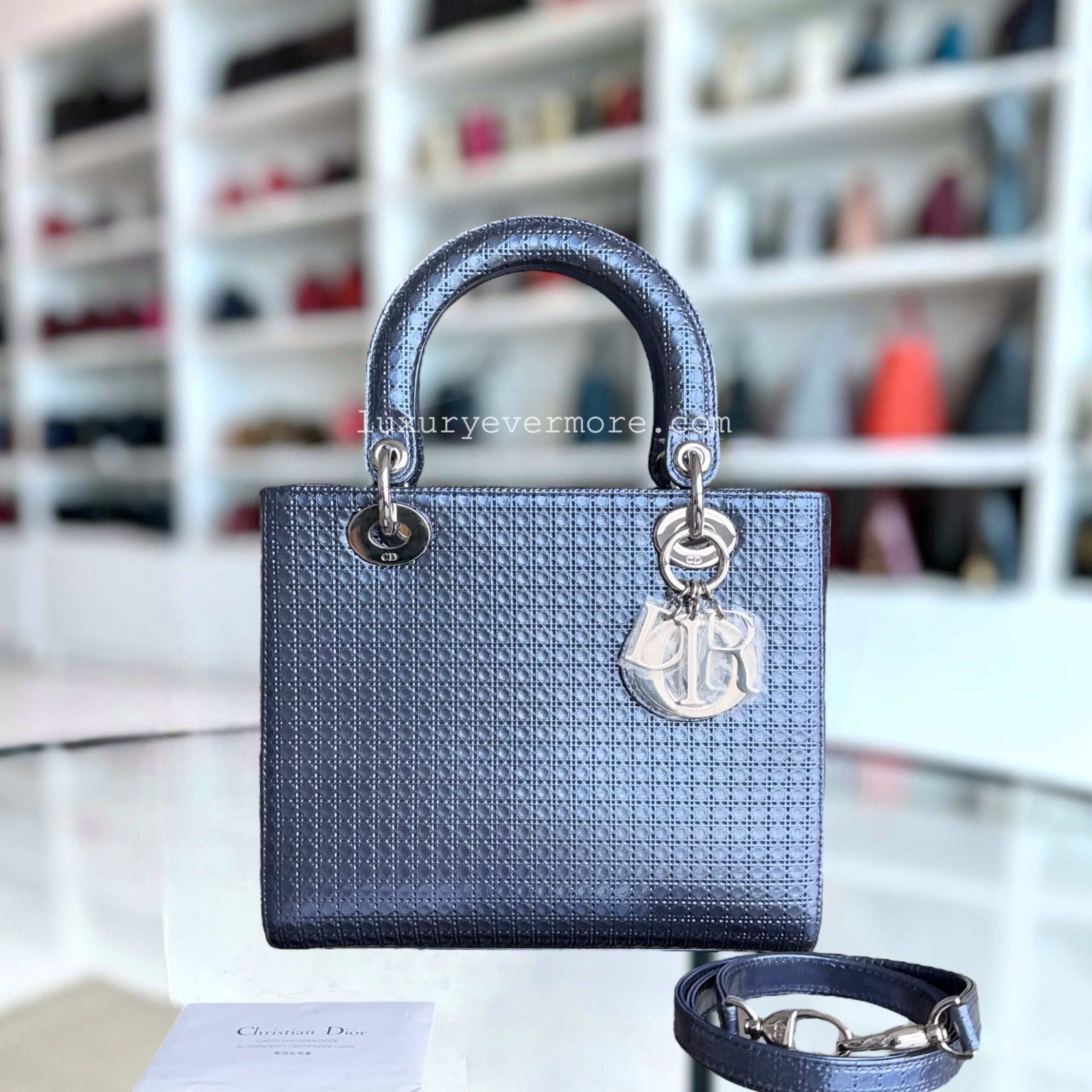 Dior Lady Medium - Metallic Micro-Cannage Blue Silver Hardware