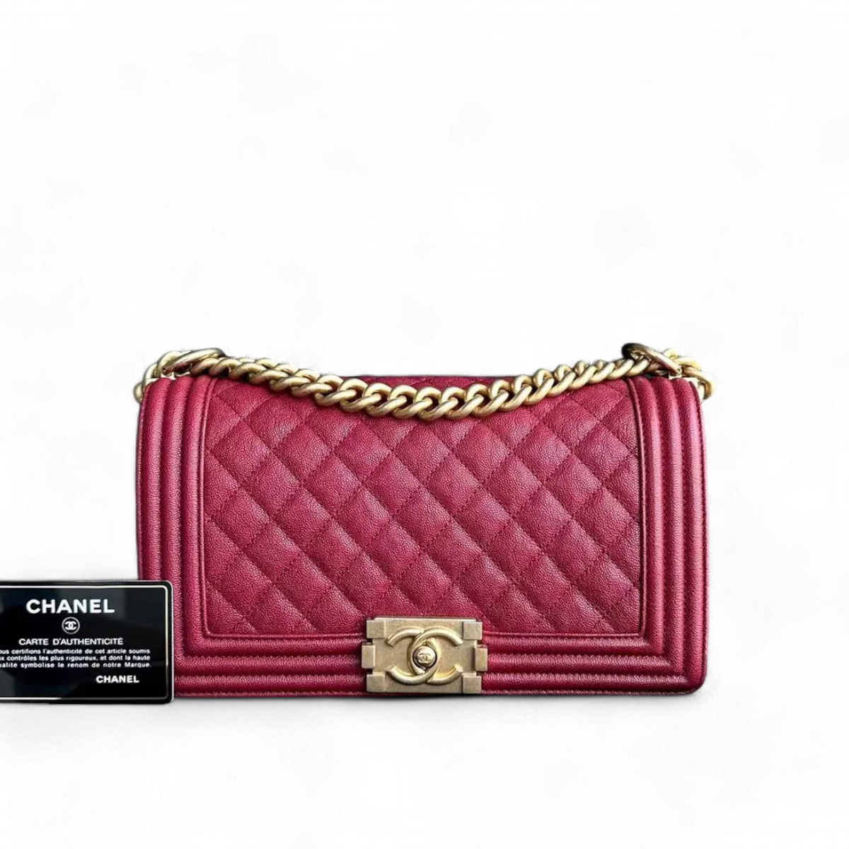 Chanel Caviar Boy Old Medium 25CM Quilted Grained Calfskin Red Leboy Golden Hardware Series 26