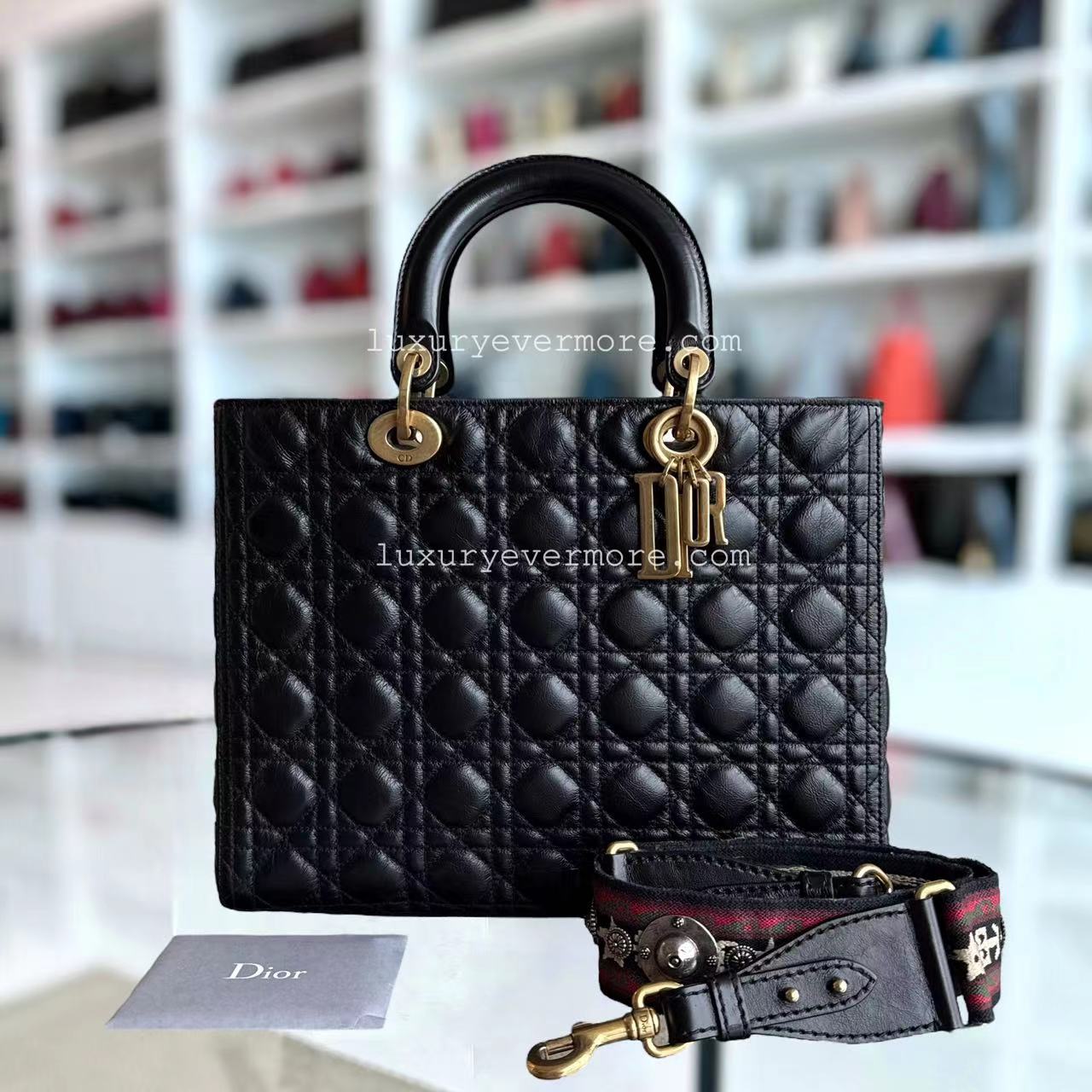 *Flap, Calfskin* Dior Lady Large - Cannage Calfskin Black Golden Hardware