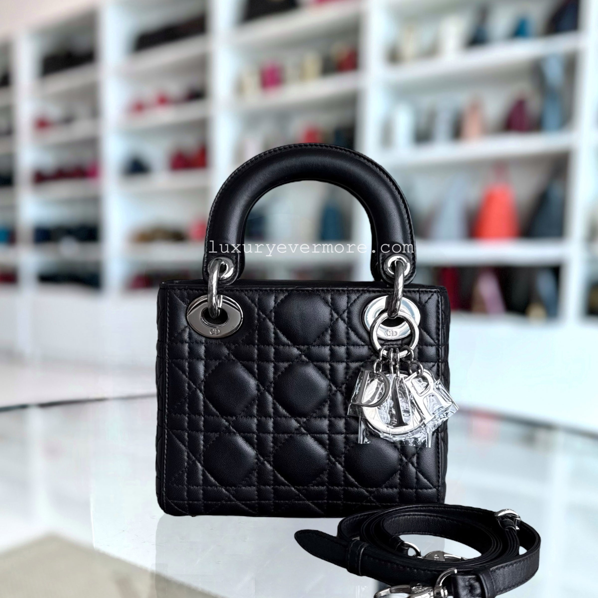 Dior Lady Mini - Cannage Lambskin 17CM Black Silver Hardware Adjustable Strap