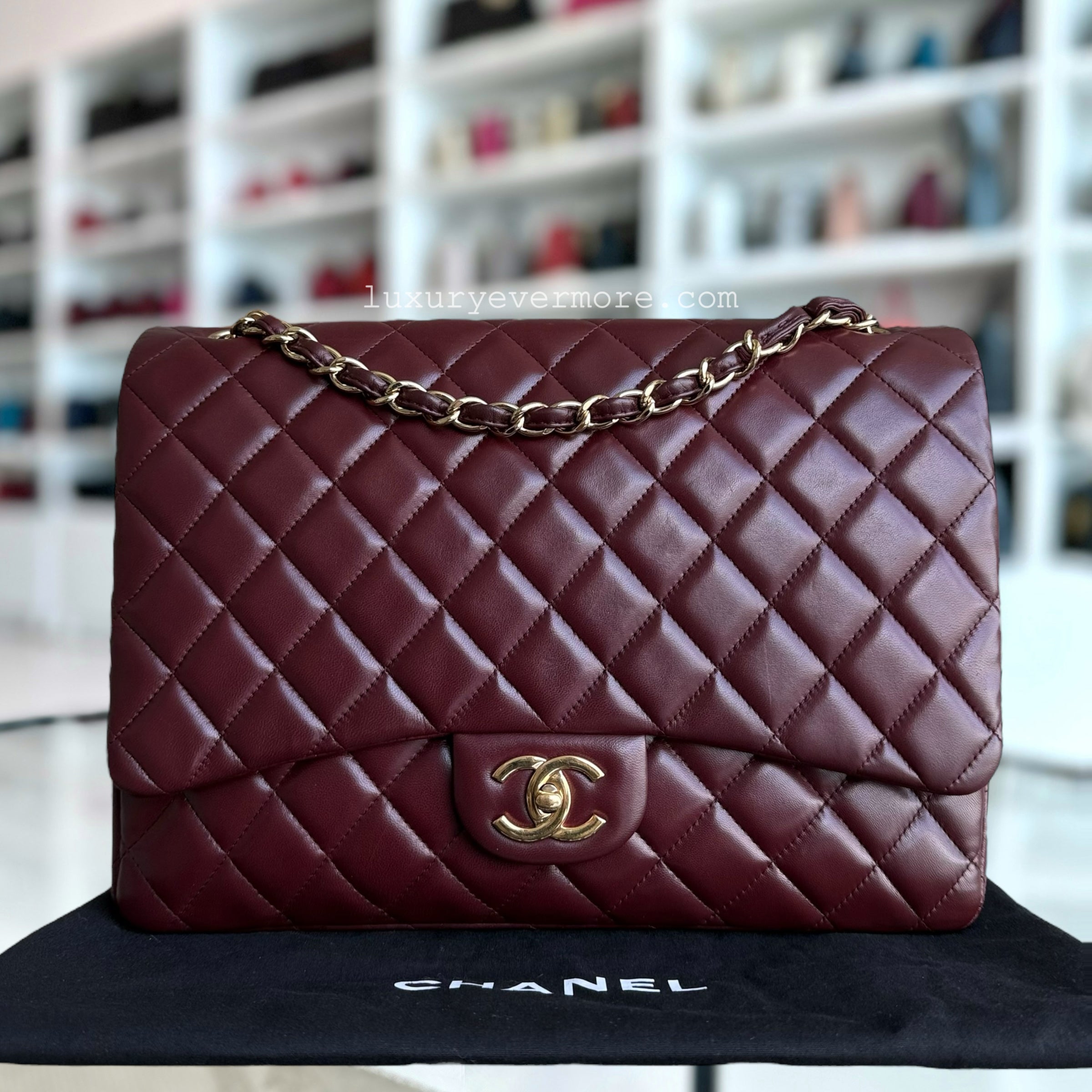 Chanel Classic Flap Maxi - 33CM Double Flap Quilted Lambskin Burgundy Gold Hardware Series 16