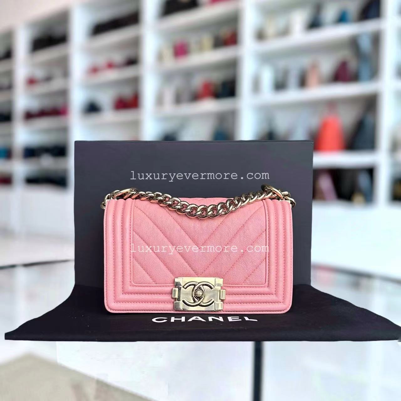 Chanel Caviar Le Boy Small Chevron Calfskin Sakura Pink Golden Hardware Series 27