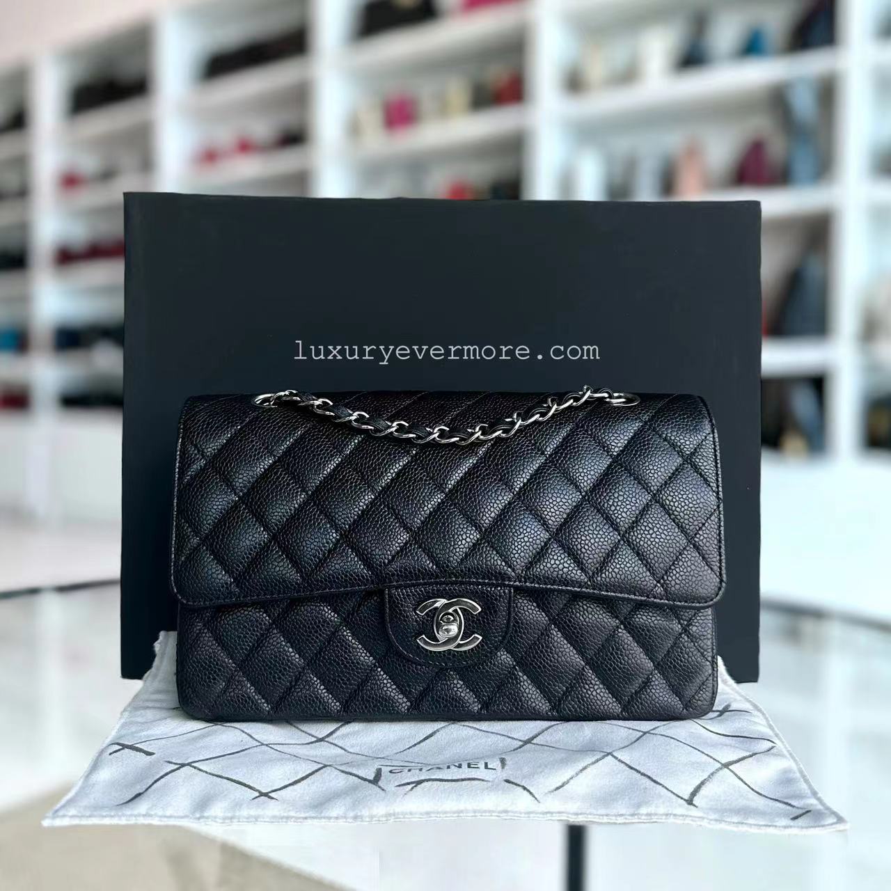 Chanel Caviar Medium Classic Flap Quilted Grained Calfskin Black Silver Hardware Series 13