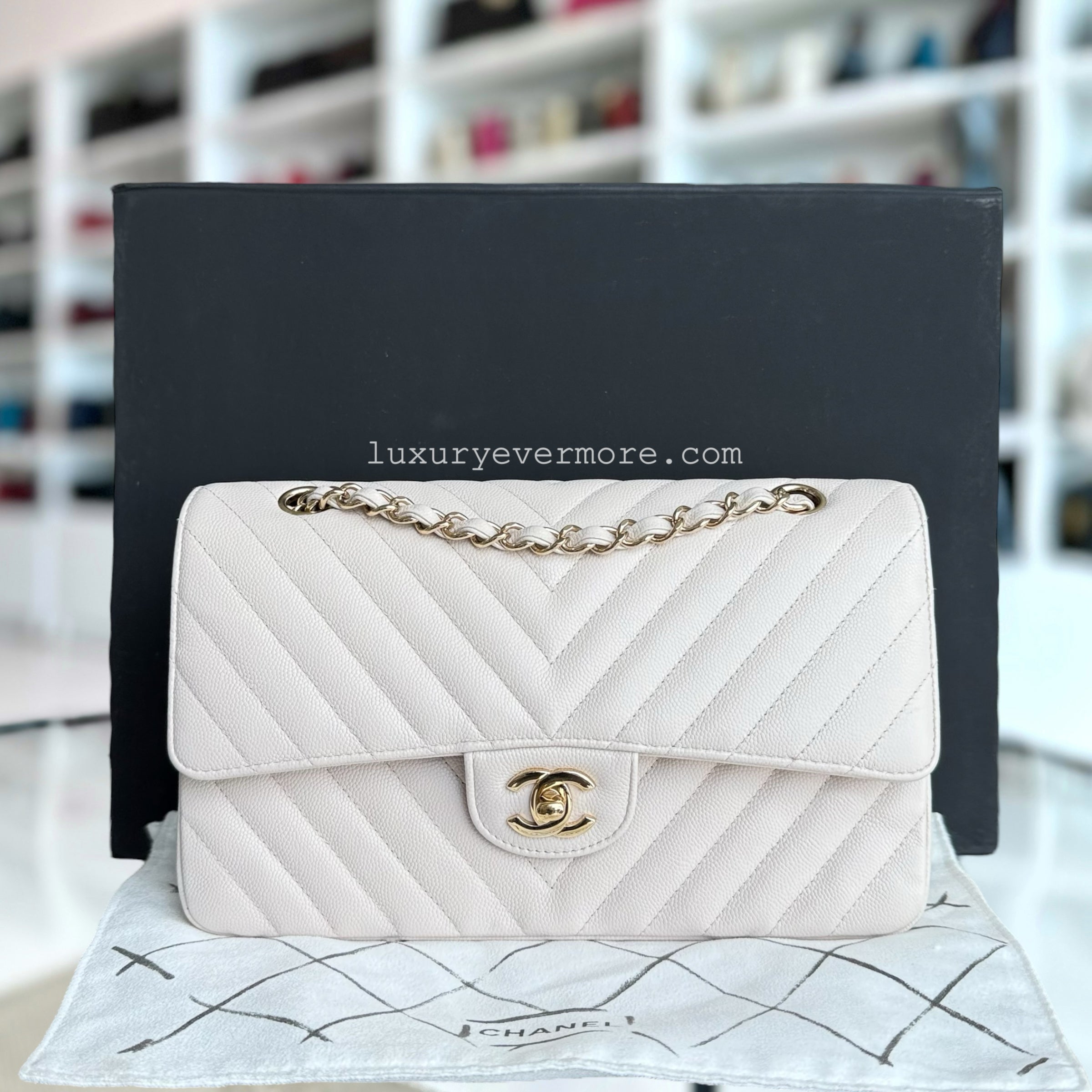 Balance of Chanel Classic Flap Medium - Caviar Chevron Cream White Gold Hardware Series 26 and balance of Chanel Classic Flap Medium - Caviar 25CM Quilted Light Green Gold Hardware Series 25