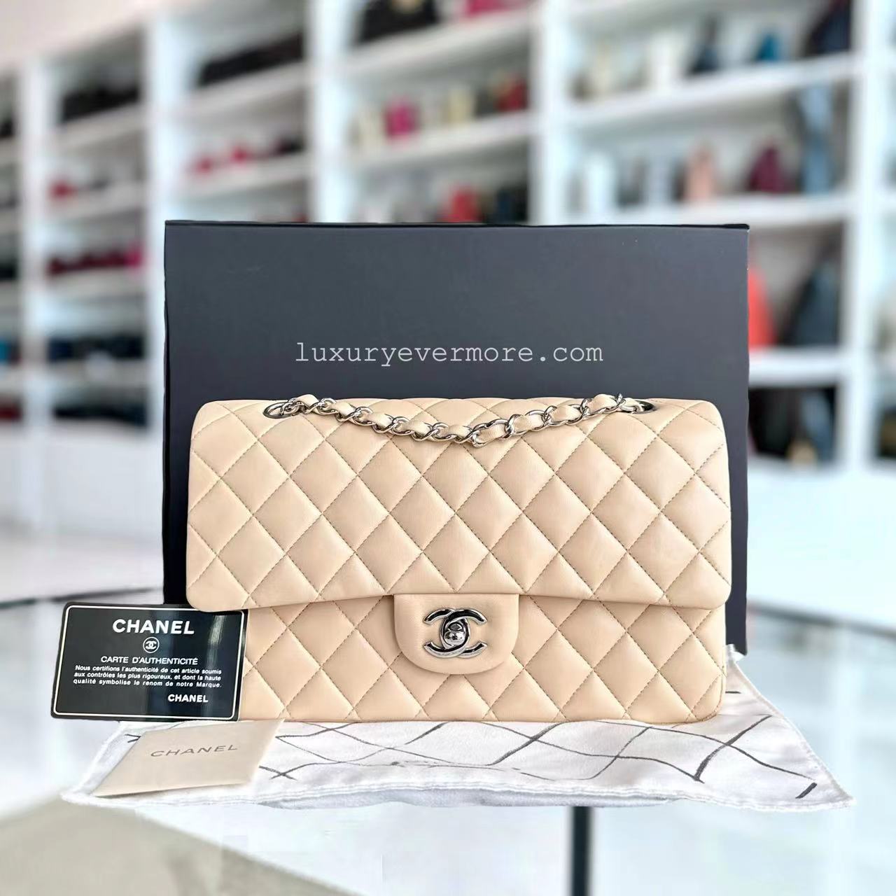 Double Flap Quilted Lambskin Beige Silver Hardware Series 14