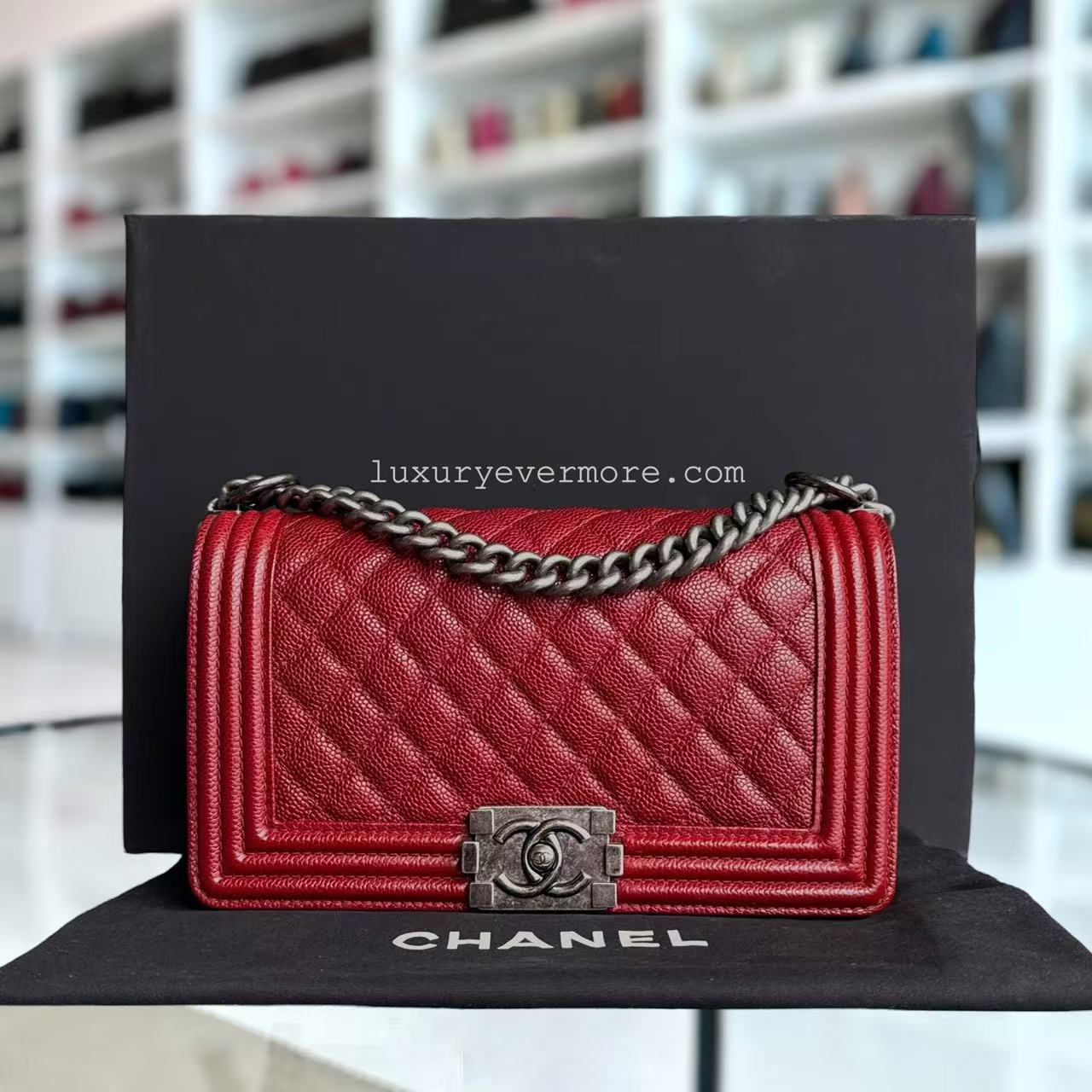 Chanel Boy Medium - Caviar 25CM Quilted Burgundy Dark Red Ruthenium Silver Hardware Series 20