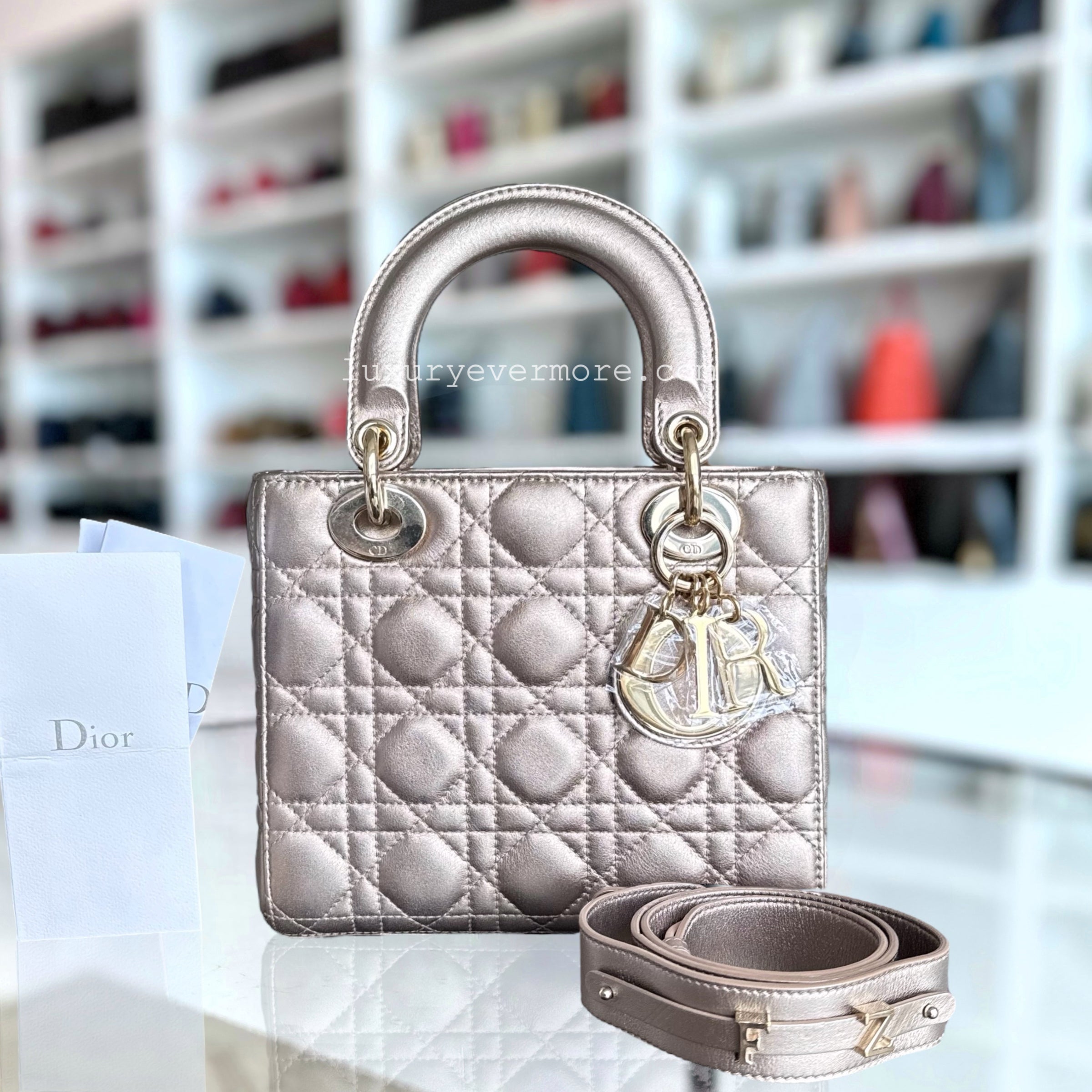 Dior Lady Small - 20CM Flap Cannage Lambskin Iridescent Metallic Rose Gold ABC Strap