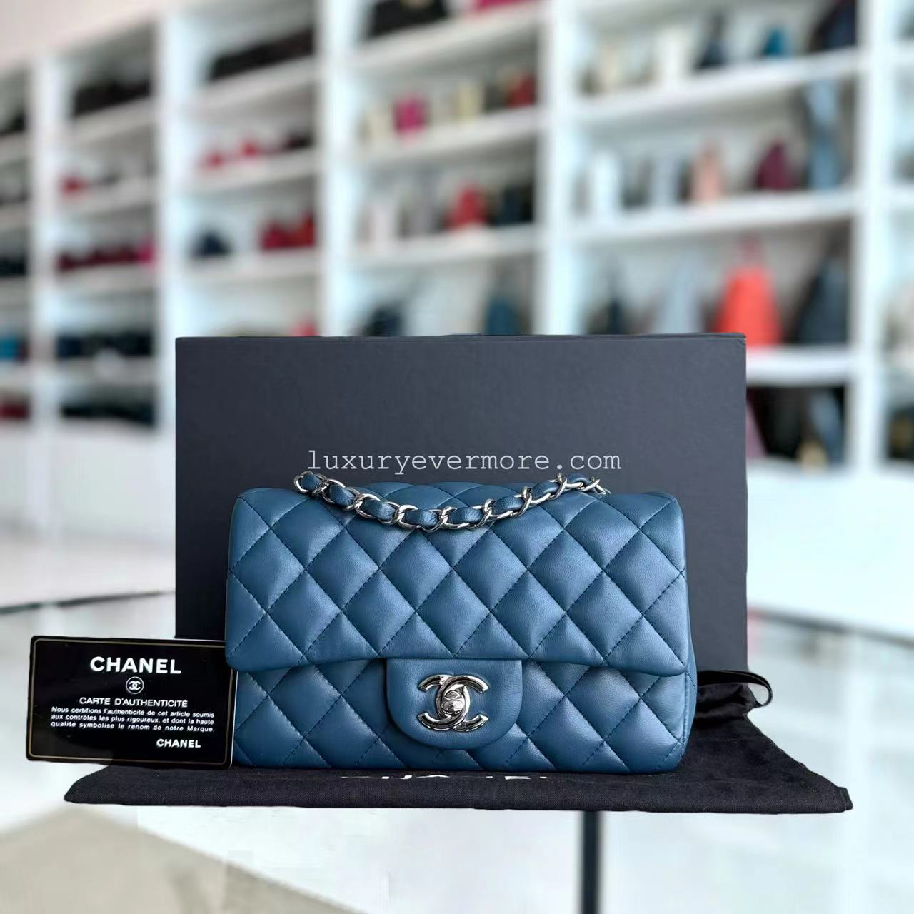 Chanel Classic Flap Mini - 20CM Rectangle Quilted Lambskin Dark Blue Silver Hardware