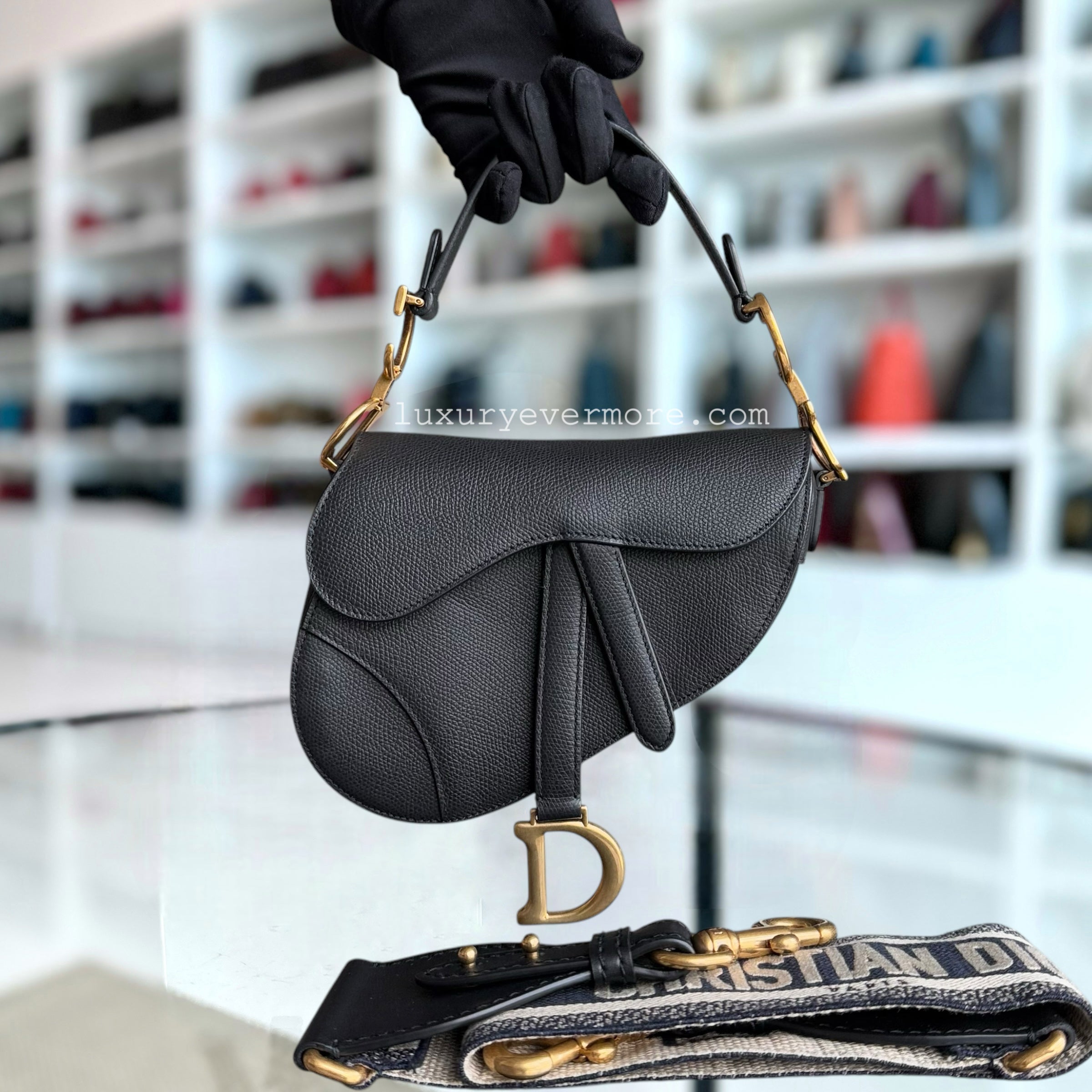 Dior Saddle Mini With Strap - 21CM Grained Calfskin Black Gold Hardware