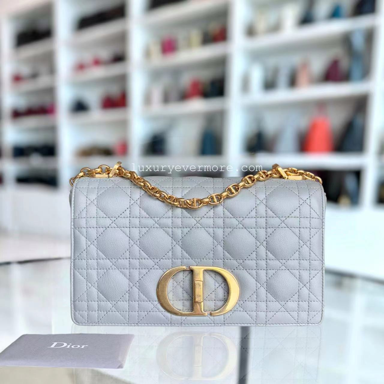 Dior Caro Medium - 25CM Cannage Calfskin Grey Gray Gold Hardware