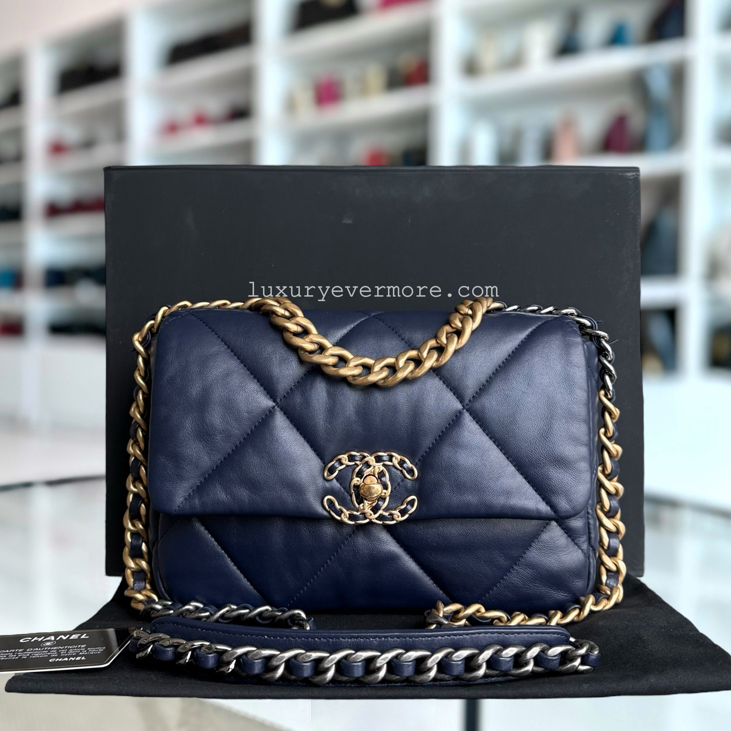 Chanel 19 Bag Small - C19 Quilted Goatskin Dark Navy Blue Two-tone Hardware Series 31