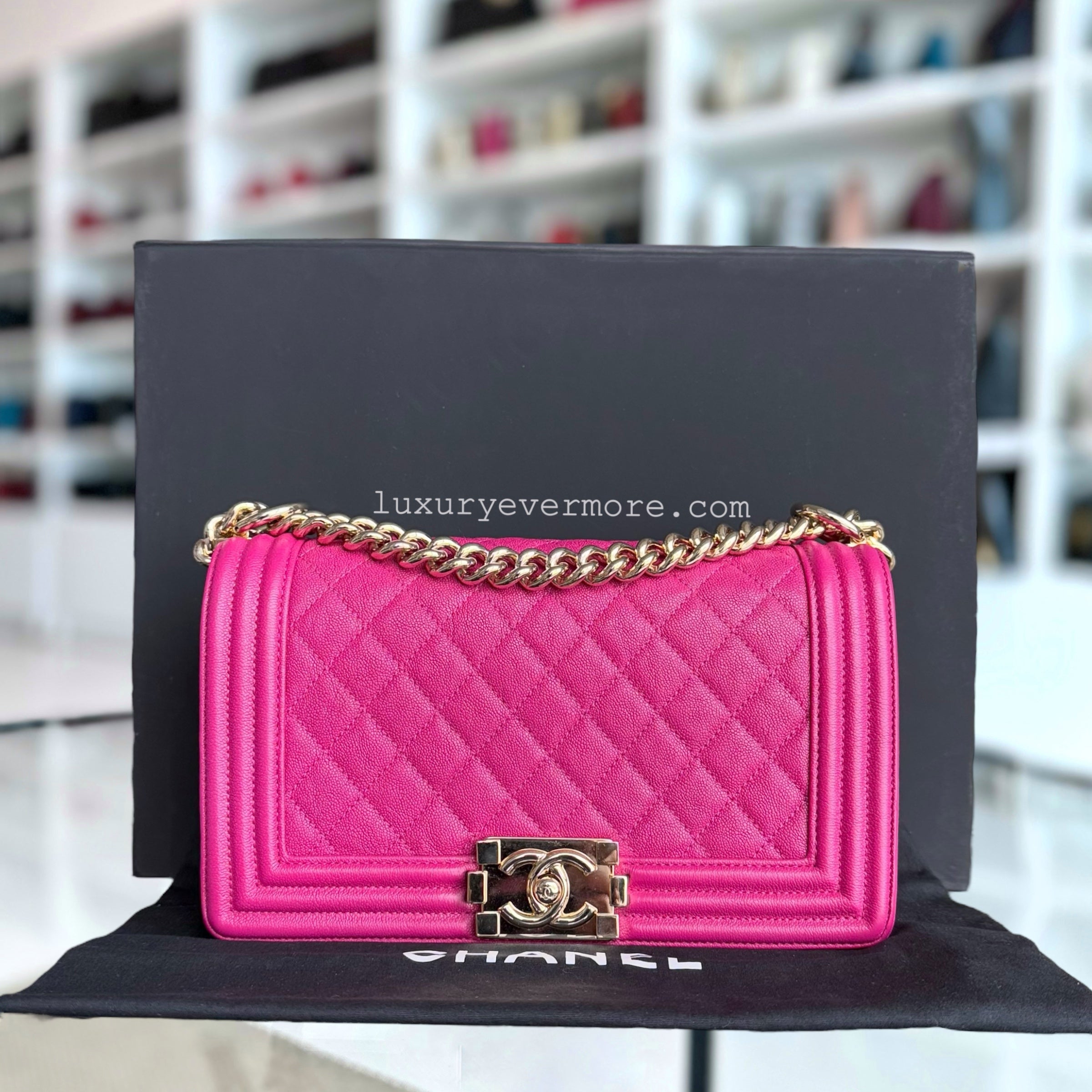 Chanel Boy Medium - 25CM Caviar Quilted Hot Pink Gold Hardware Series 28