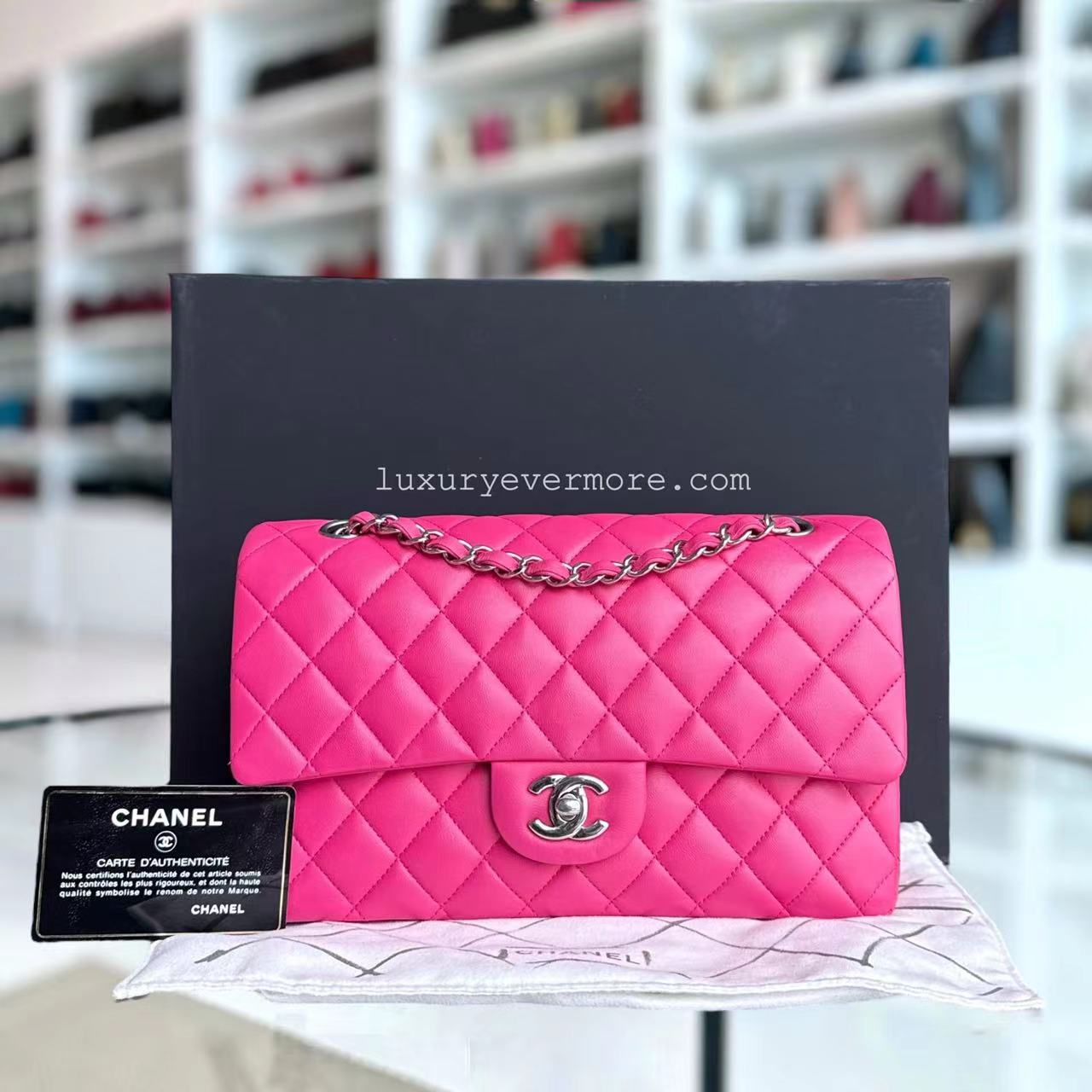 Chanel Classic Flap Medium Bag - Quilted Lambskin Hot Pink Silver Hardware Series 19