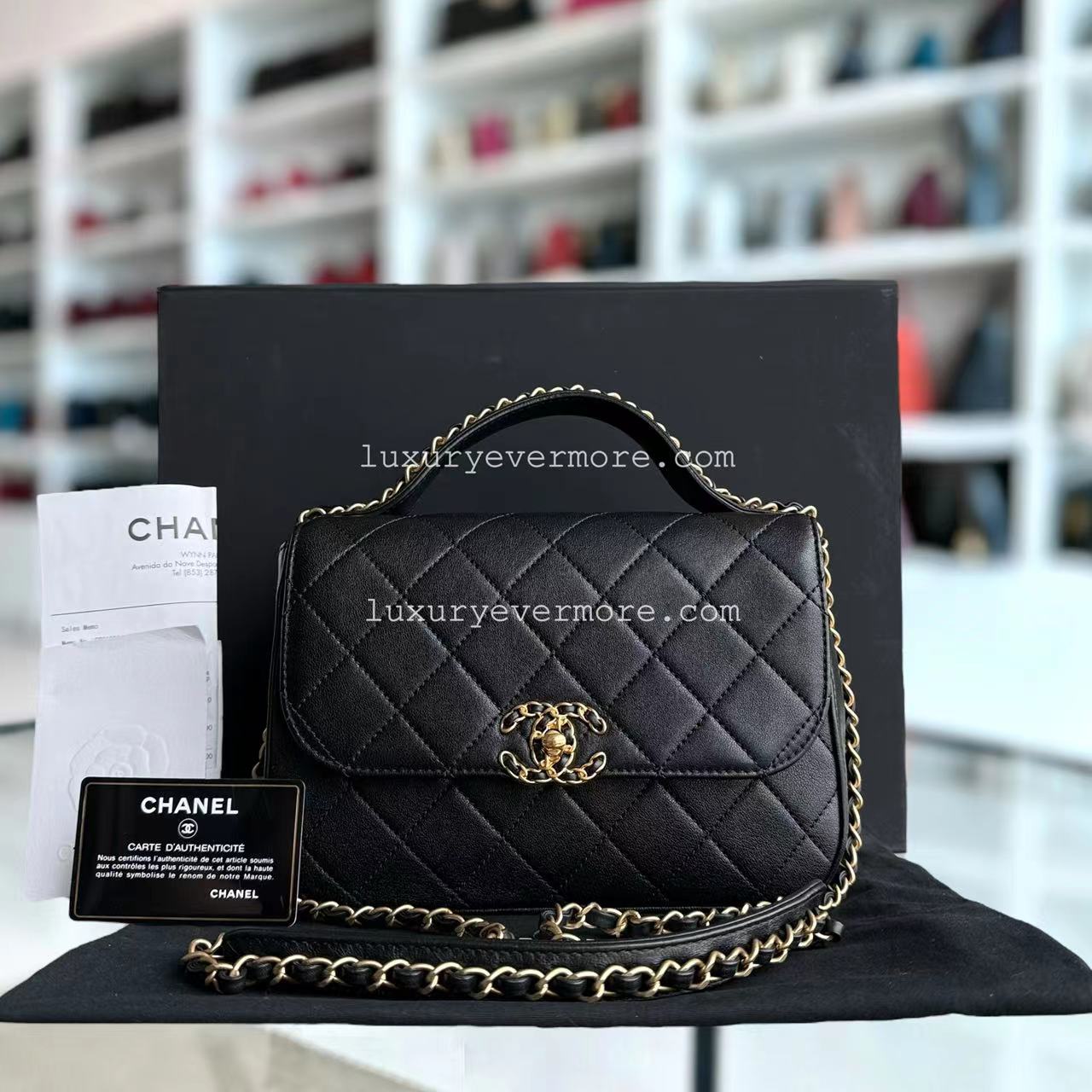 *Full Set, Receipt* Chanel Small 23CM Chain Infinity Top Handle Quilted Calfskin Black Golden Hardware Series 28 Shoulder Bag