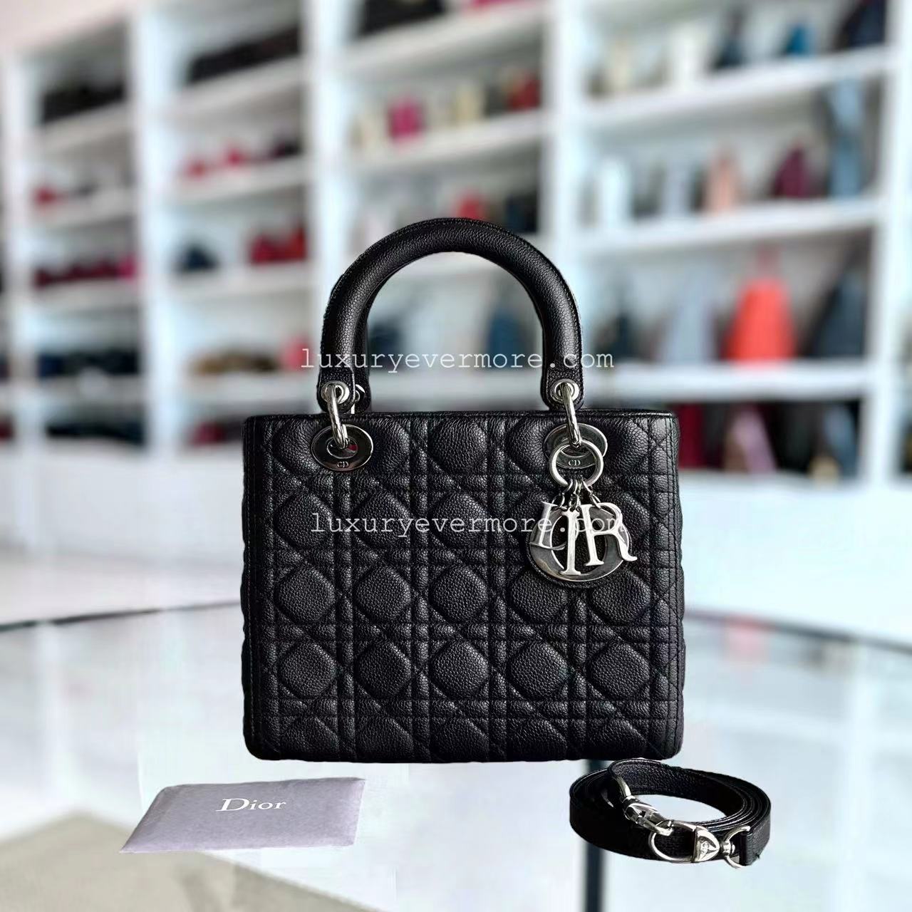 *Rare Caviar* Dior Lady Medium Grained Calfskin Black Silver Hardware