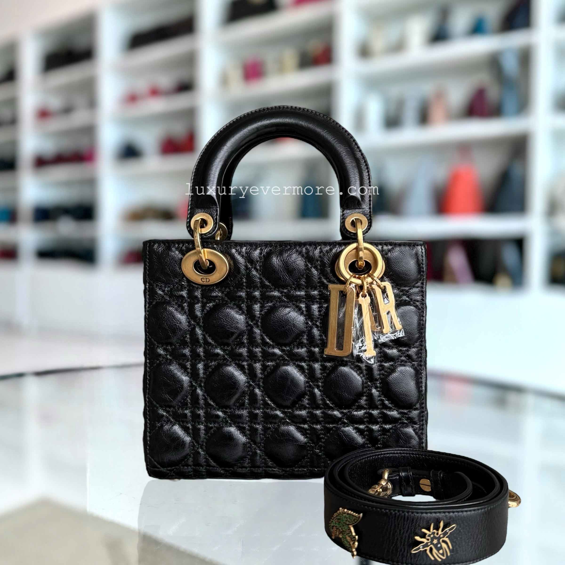 Dior Lady Small - Glazed Calfskin Cannage Black Gold Hardware