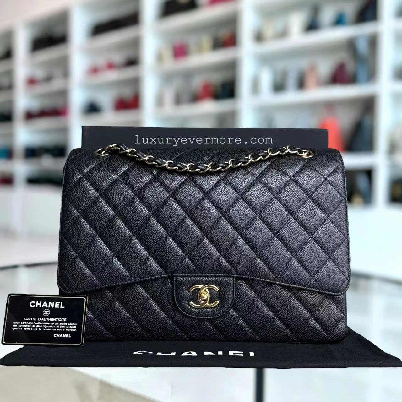 Chanel Classic Flap Maxi - Caviar Single Flap Quilted Black Gold Hardware Series 13