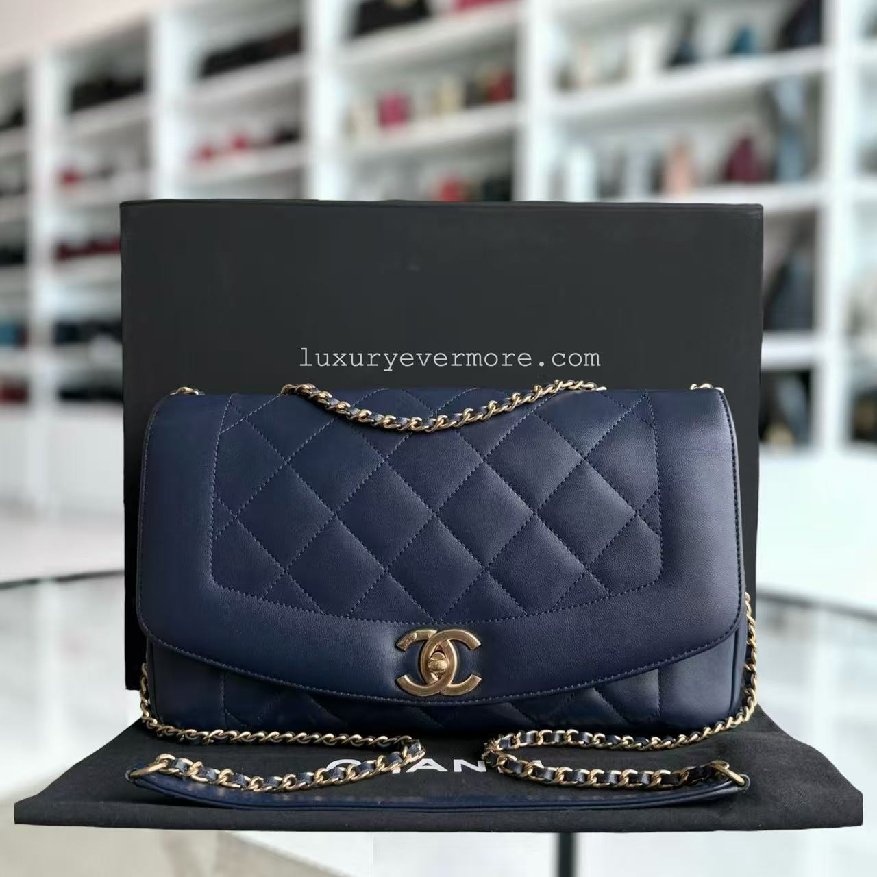 *Rare 2015 Re-issue* Chanel Diana - 28CM Quilted Lambskin Dark Blue Gold Hardware Series 20