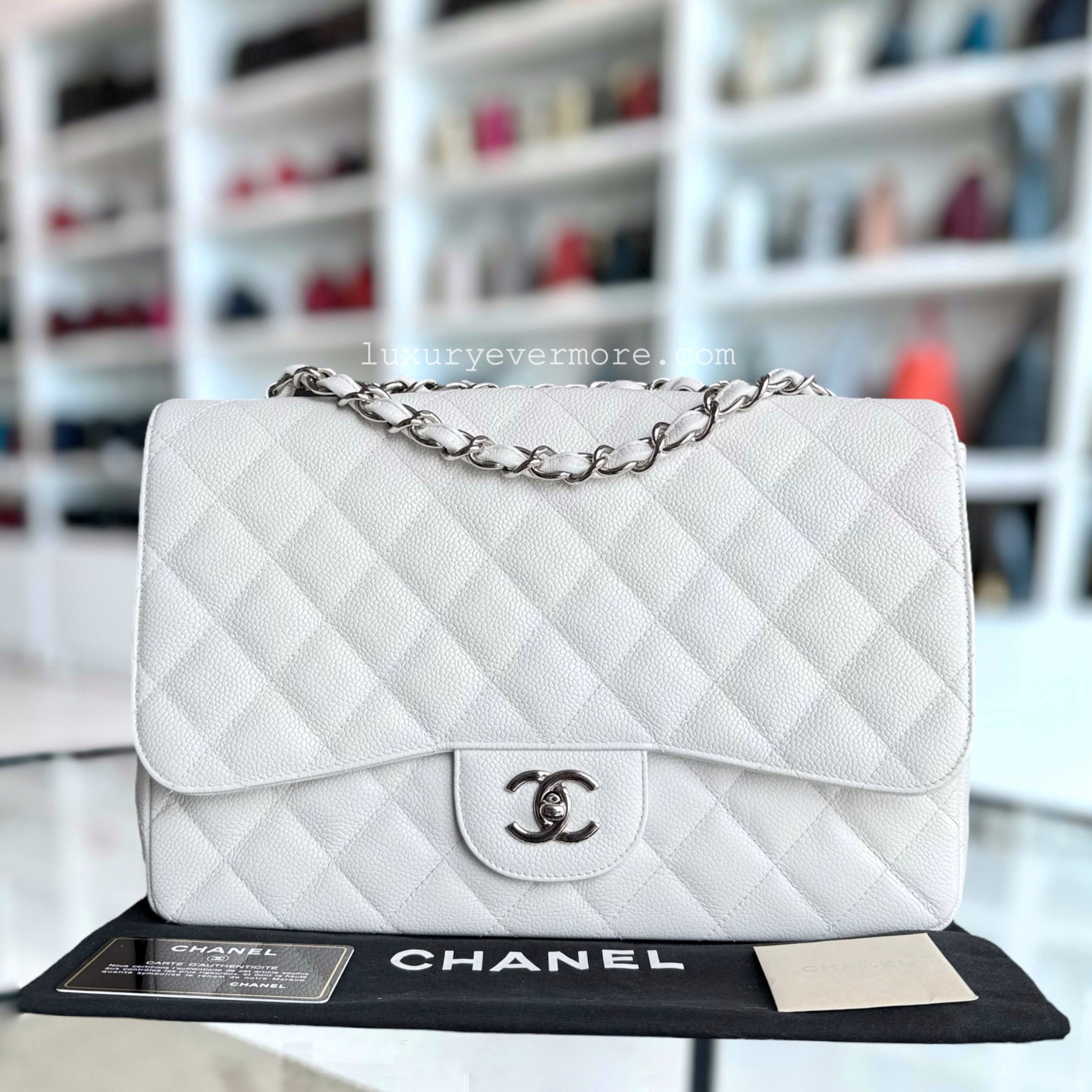 Chanel Classic Flap Jumbo - Caviar 30CM Single Flap Quilted Snow White Silver Hardware Series 13