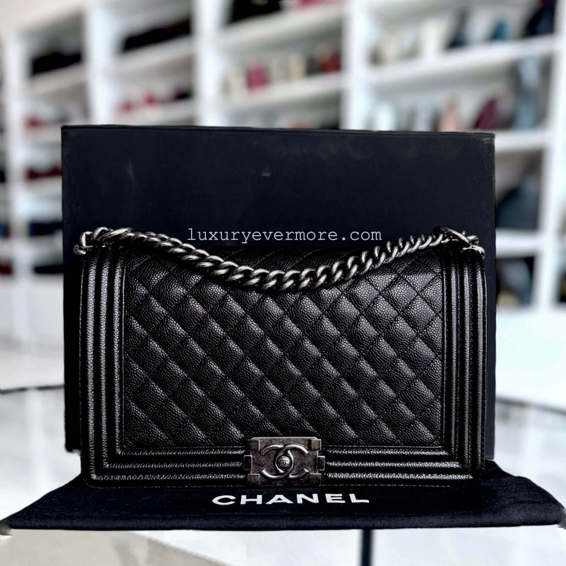 Chanel Boy Medium - Caviar 28CM Quilted Black Ruthenium Silver Hardware Series 20