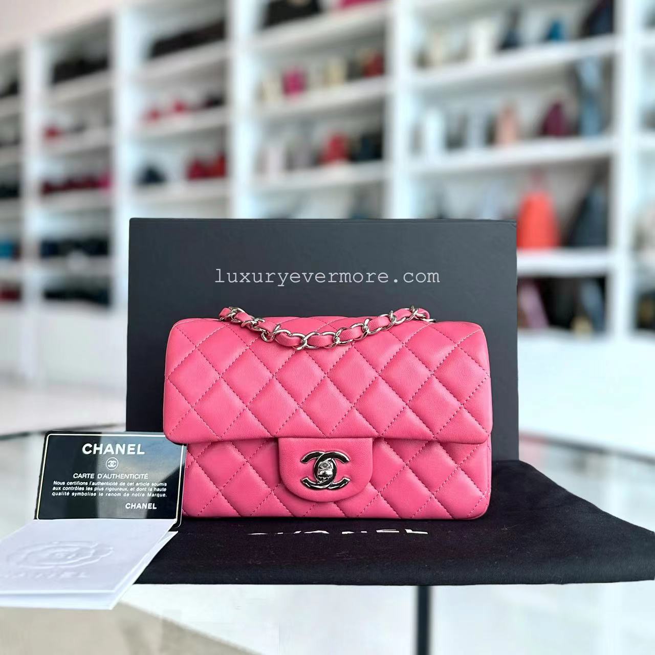 Chanel Mini Rectangle Pink Quilted Lambskin Classic Flap Bag with Silver Hardware Series 28