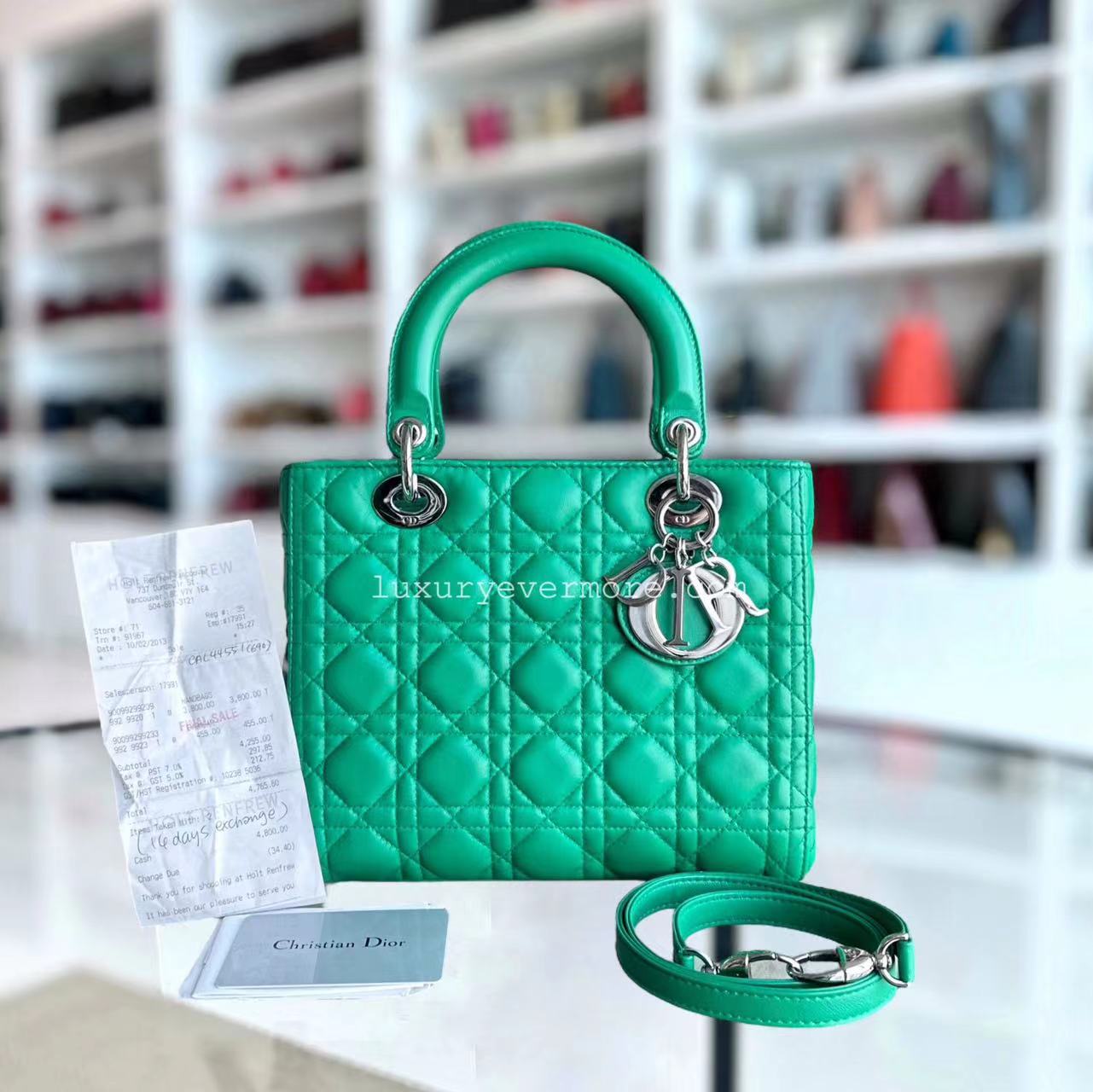 *Receipt* Dior Lady Small Cannage Lambskin Green Silver Hardware