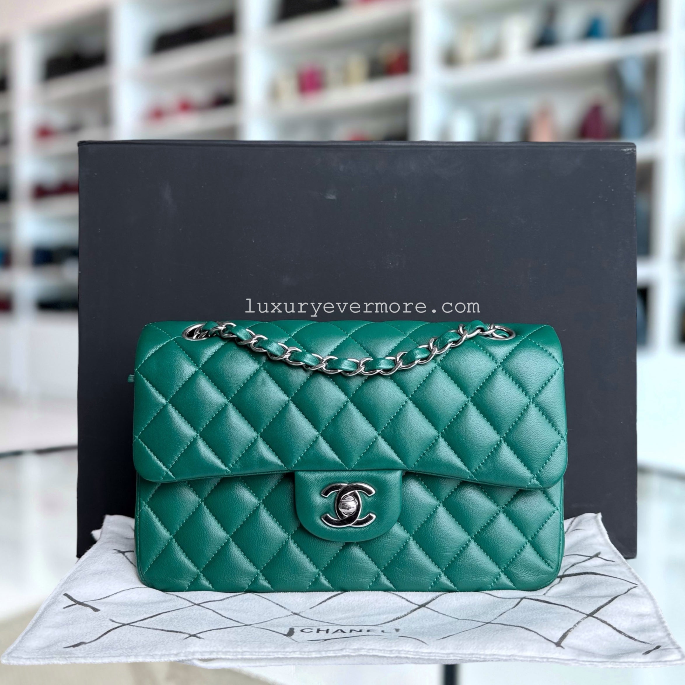 Chanel Classic Flap Small - Lambskin 23CM Quilted  Double Flap Dark Green Silver Hardware Series 25