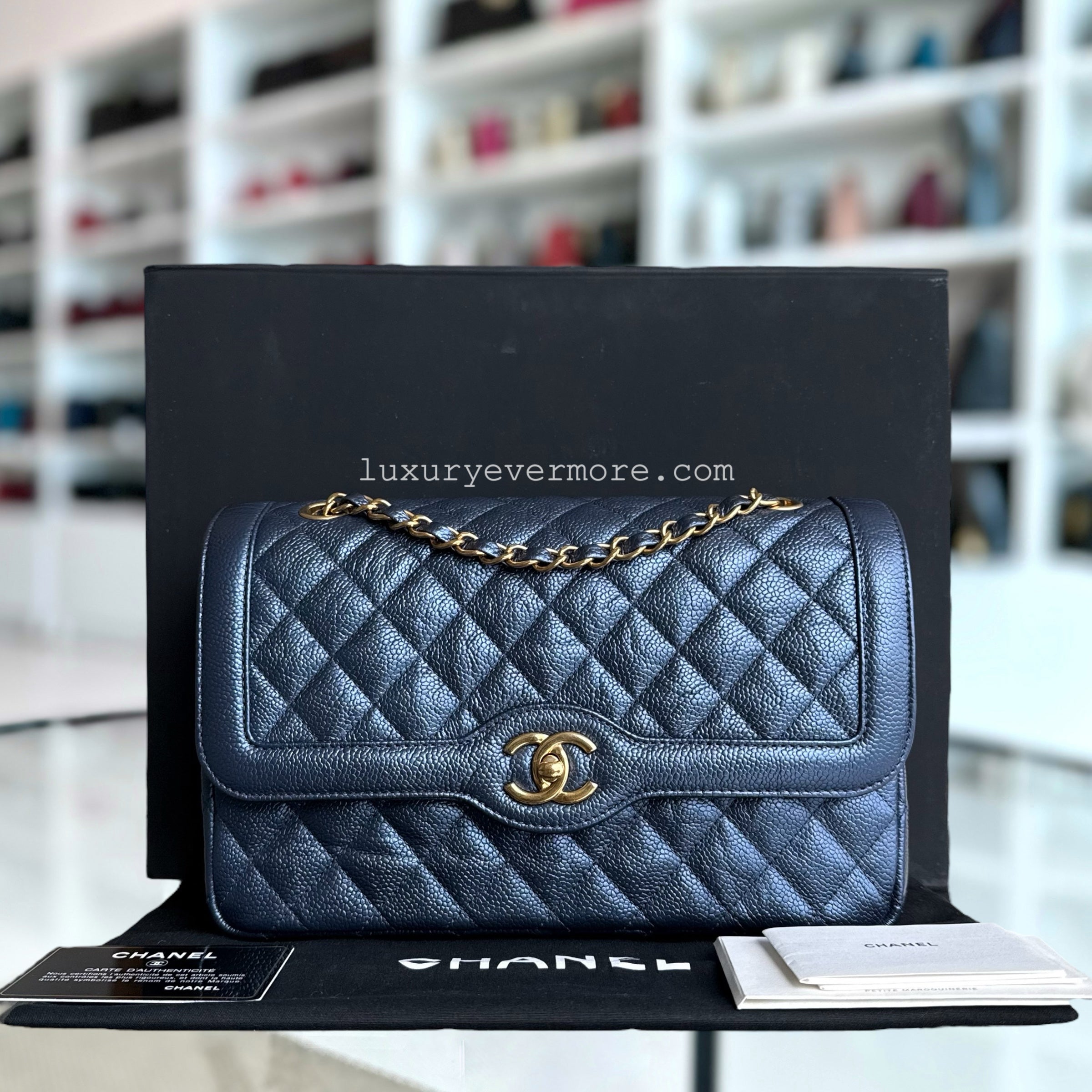 Chanel Crumpled Two Tone Flap - Medium Grained Calfskin Navy Blue Gold Hardware Series 21