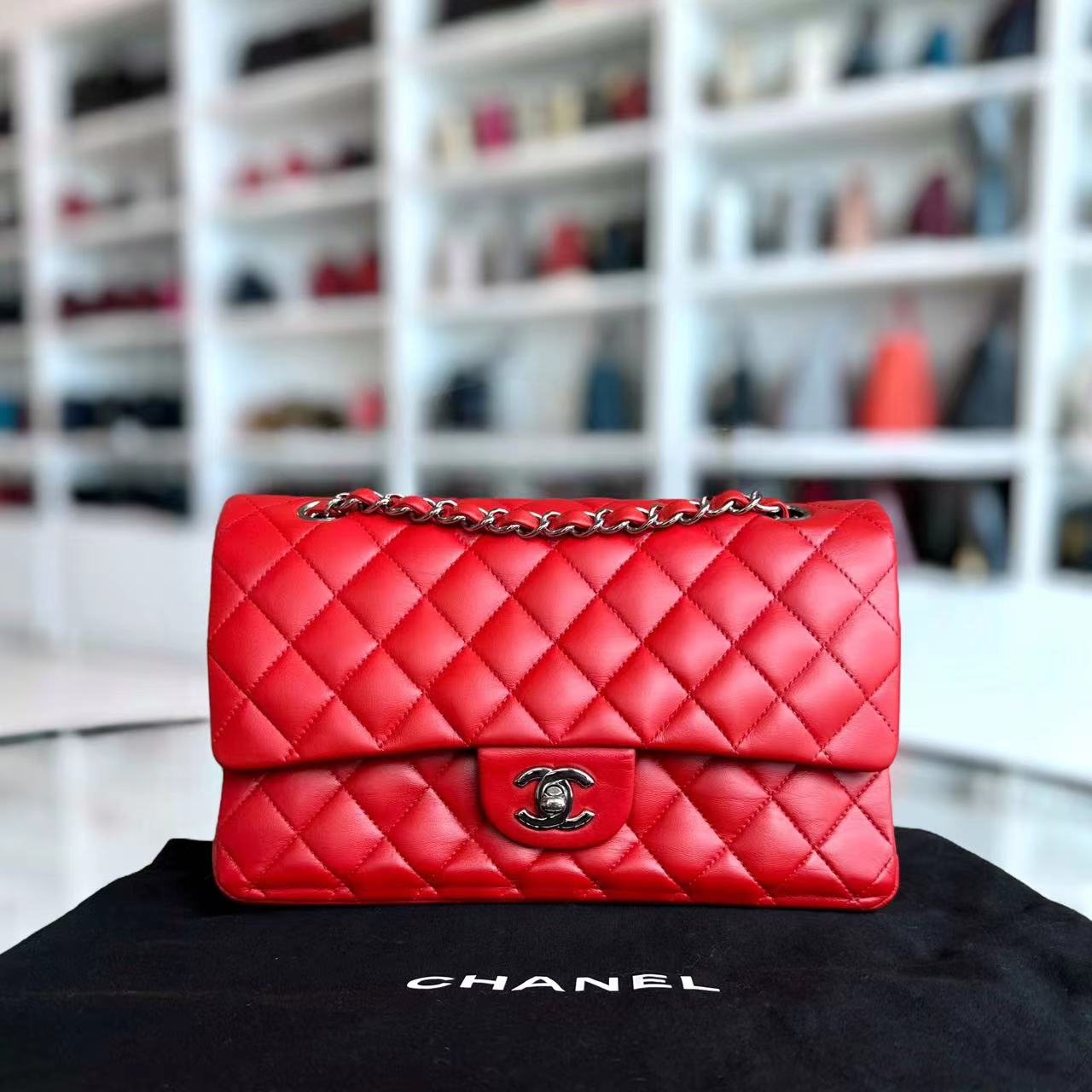 Chanel Medium Classic Flap Double Flap Quilted Lambskin Red SHW No 15