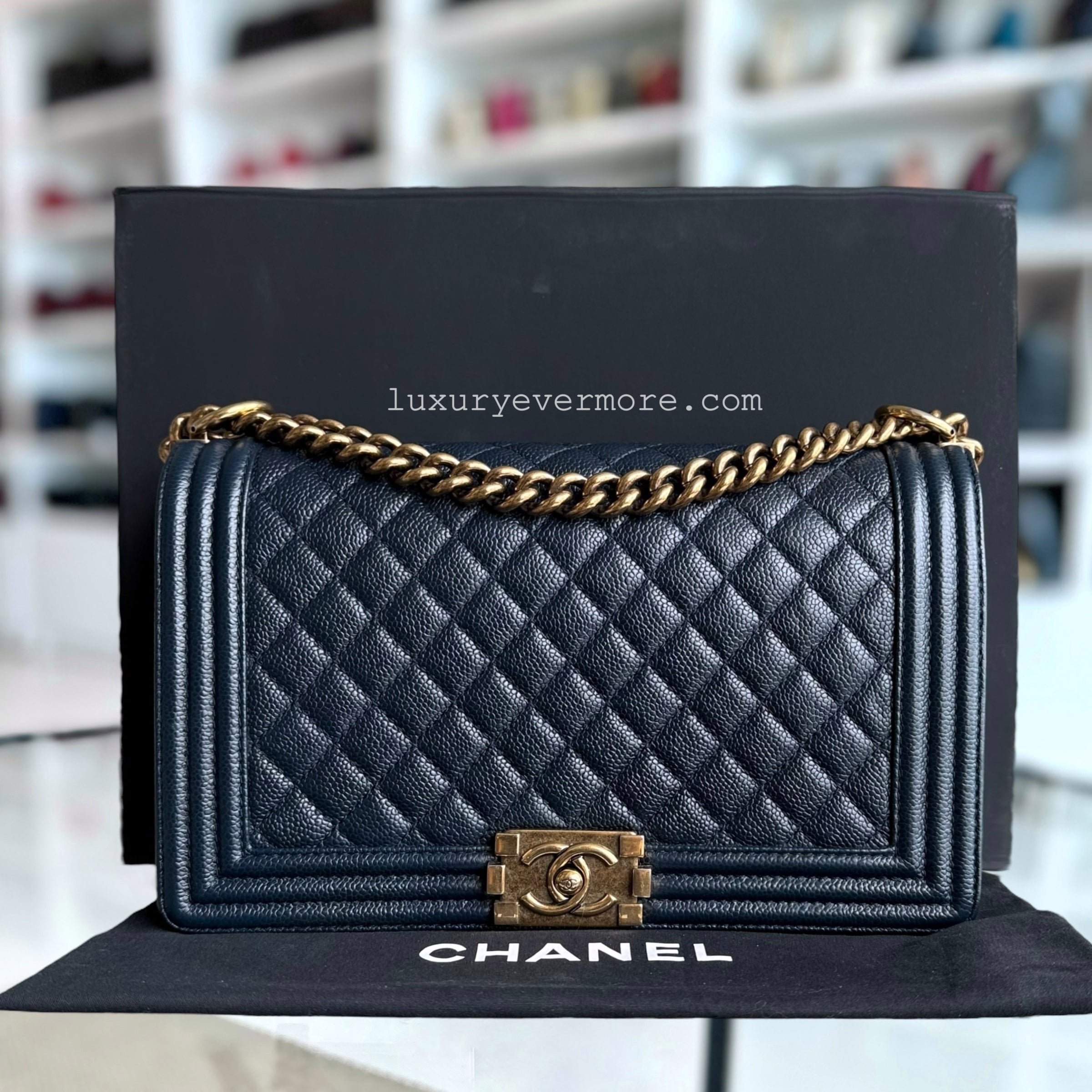 Chanel Boy Medium - Caviar 28CM New Medium Dark Blue Ruthenium Gold Hardware Series 19