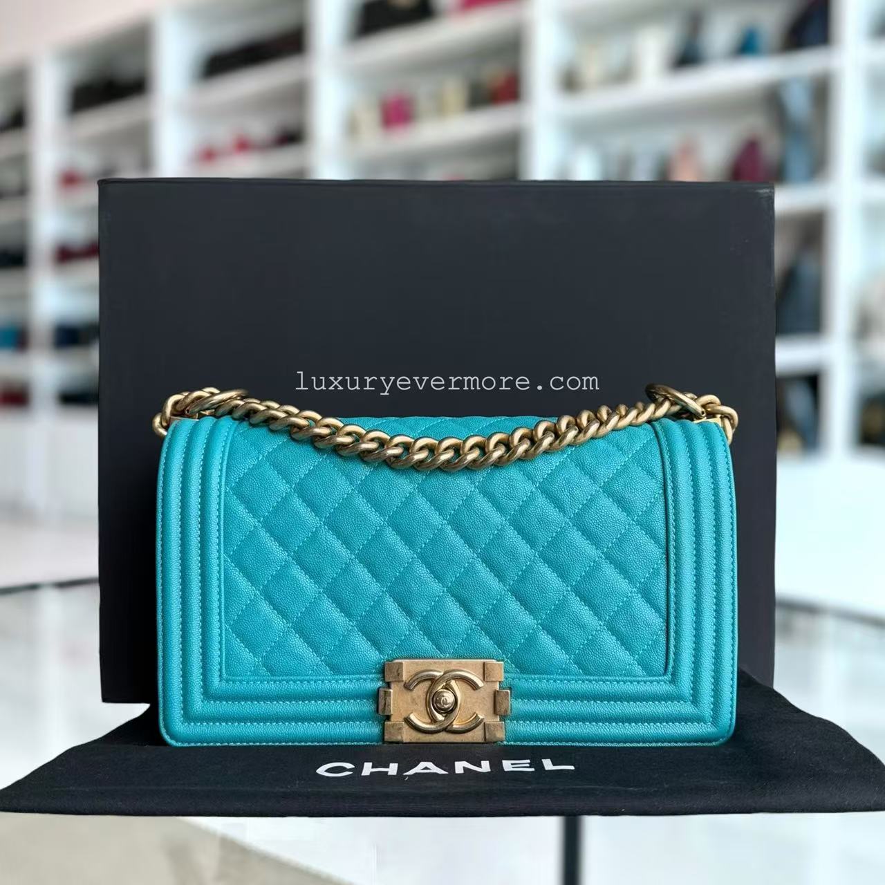 Chanel Boy Medium - Caviar 25CM Quilted Blue Gold Hardware Series 28