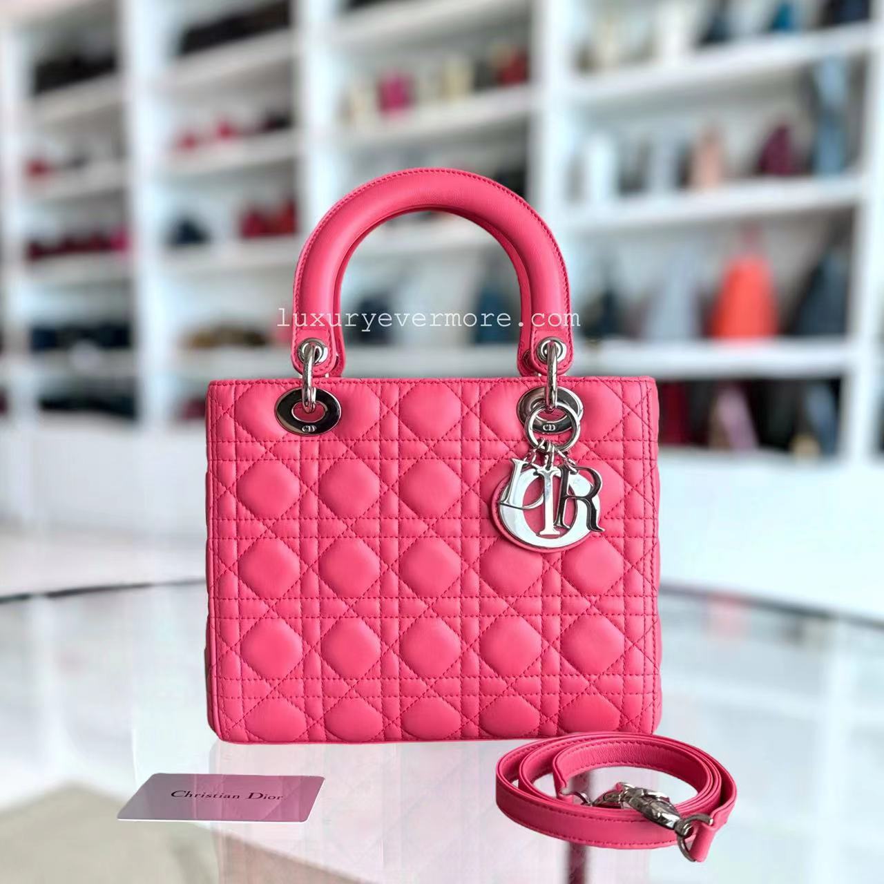 Dior Lady Medium - Cannage Lambskin Hot Pink Handbag Silver Hardware