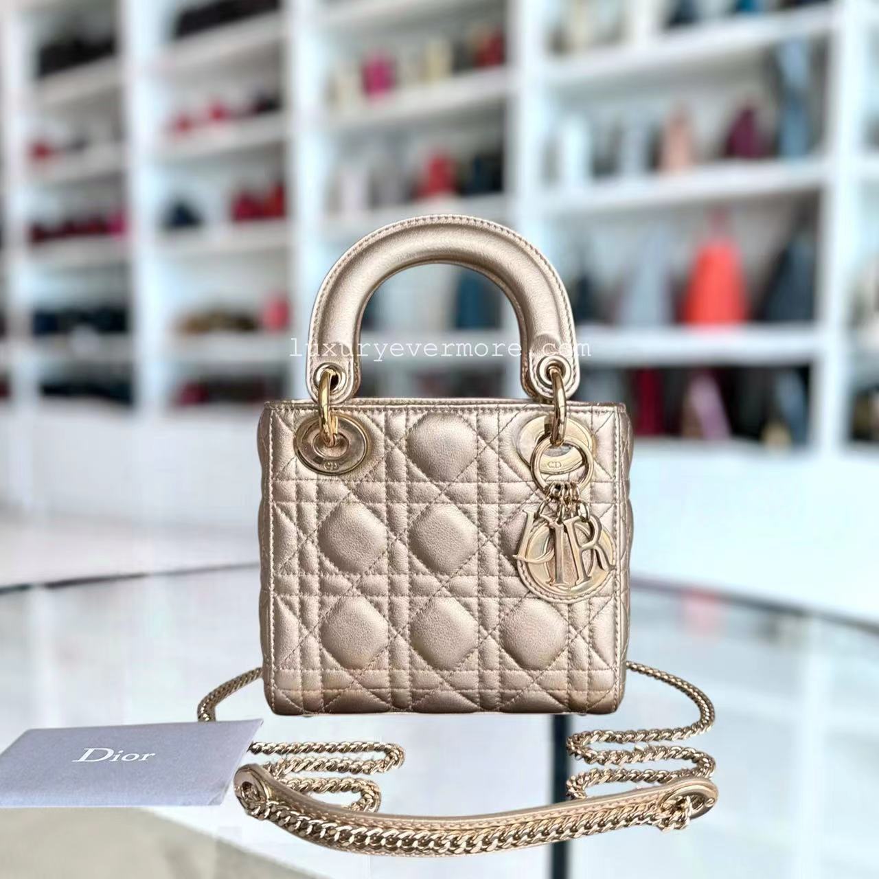 Dior Lady Mini - Lambskin Metallic Cannage Gold Hardware