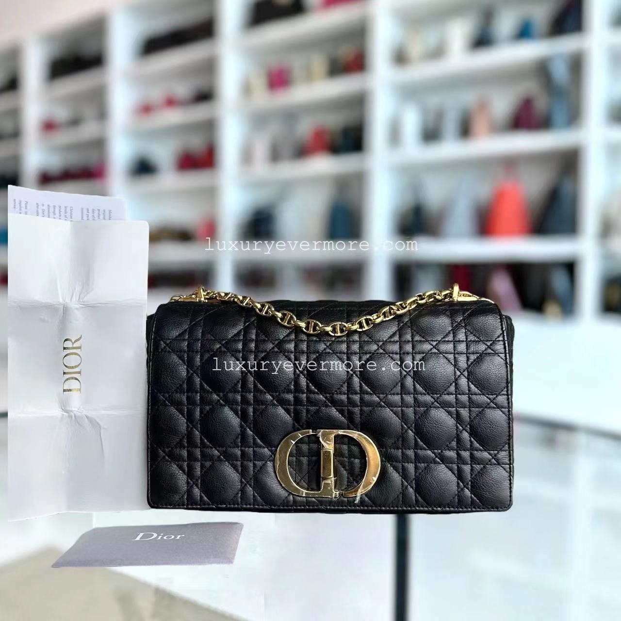 *Full Set, receipt* Dior Caro Large Cannage Calfskin Black Golden Hardware