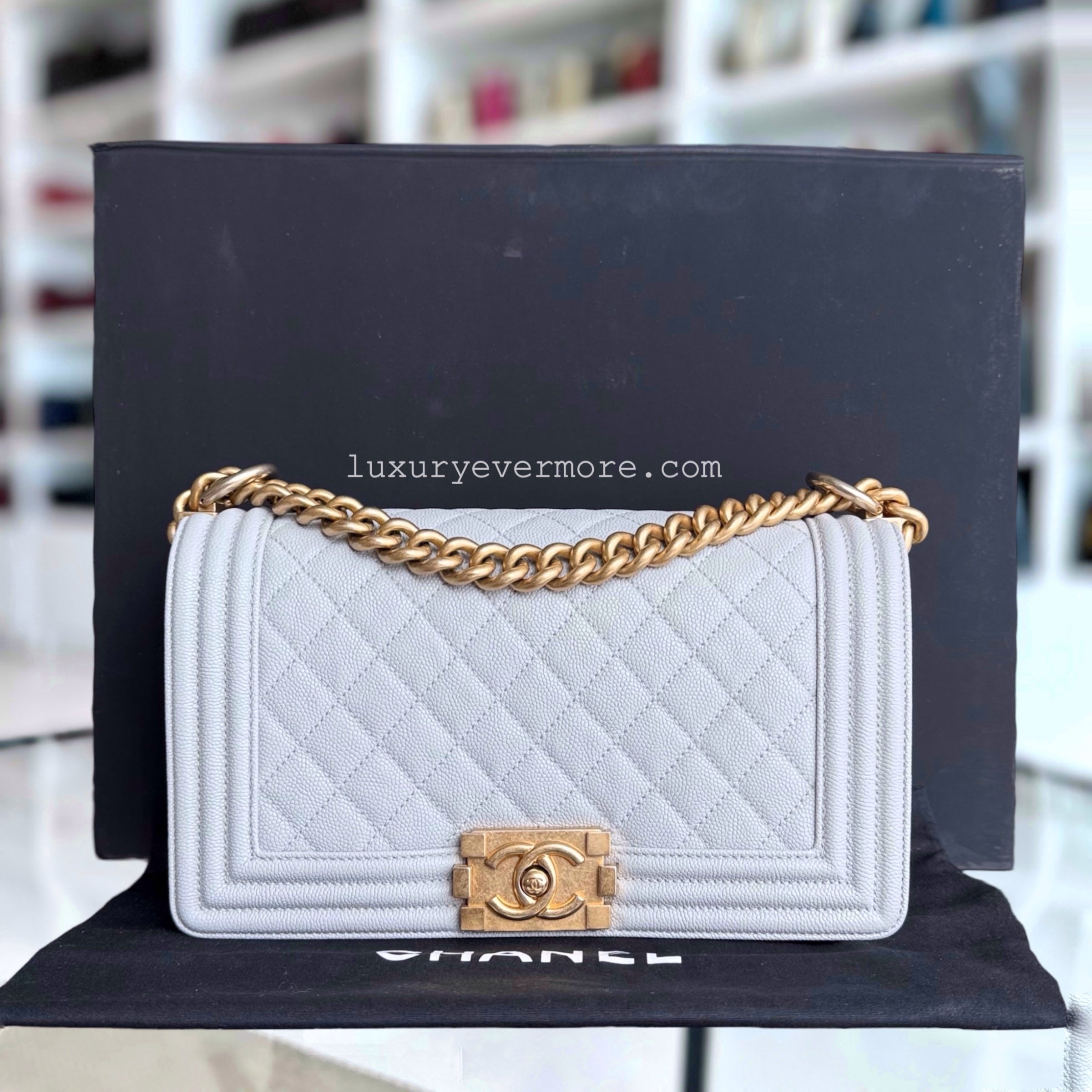 Chanel Boy Medium - Caviar 25CM Quilted Light Grey Gray Gold Hardware Series 25