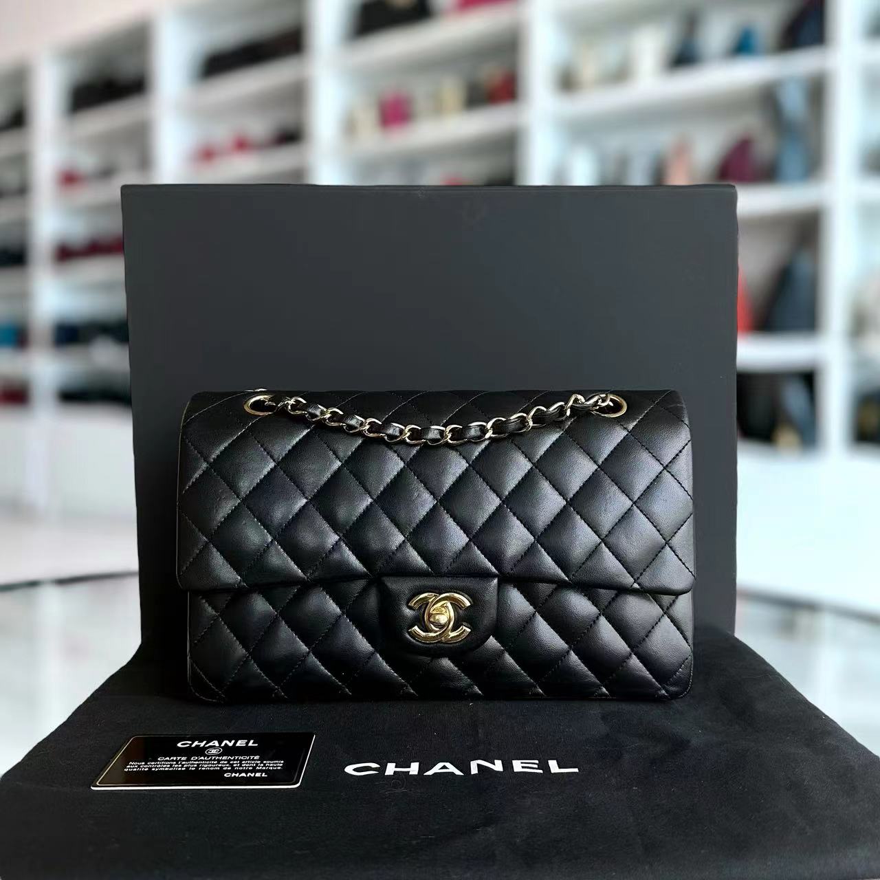 Chanel Medium Classic Flap Double Flap Quilted Lambskin Black GHW No 14