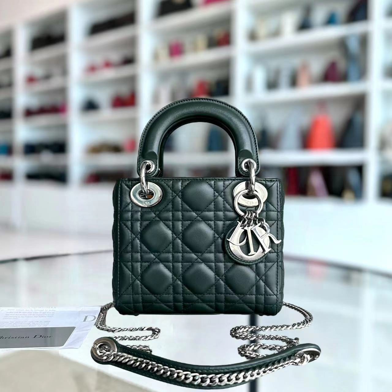 *Full set, Receipt* Dior Lady Mini Lambskin Dark Green Silver Hardware Chain Strap