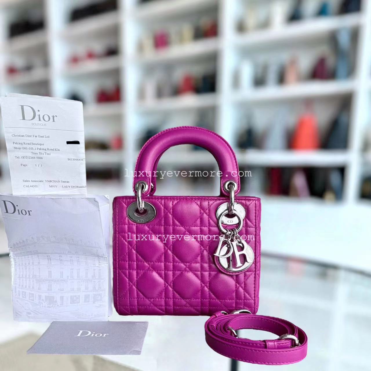 *Full Set Receipt* Dior Lady Mini Cannage Lambskin Purple Violet Silver Hardware Adjustbale Strap