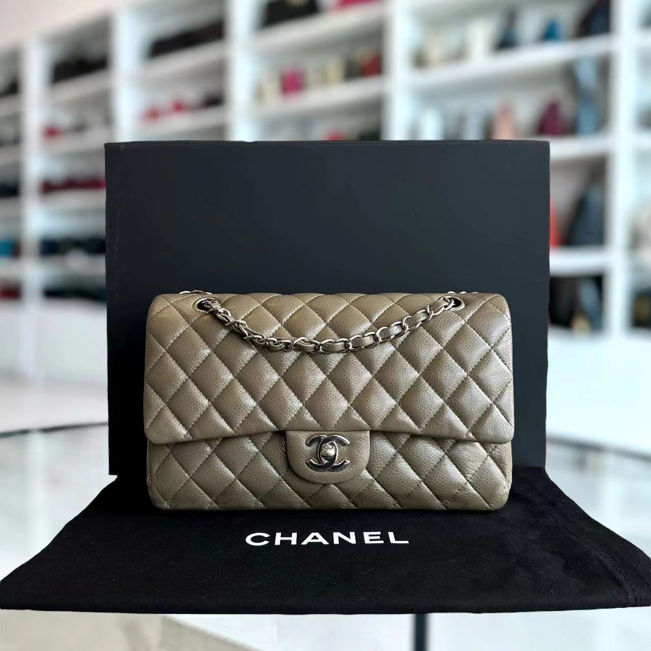 Chanel Caviar Medium Classic Flap Double Flap Quilted Calfskin Taupe Green Brown SHW No 17