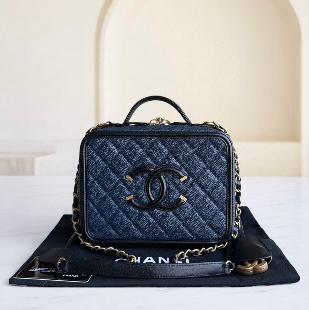 Chanel Filigree Vanity Case Medium - Caviar 21CM Grained Calfskin Dark Navy Blue Gold Hardware Series 23