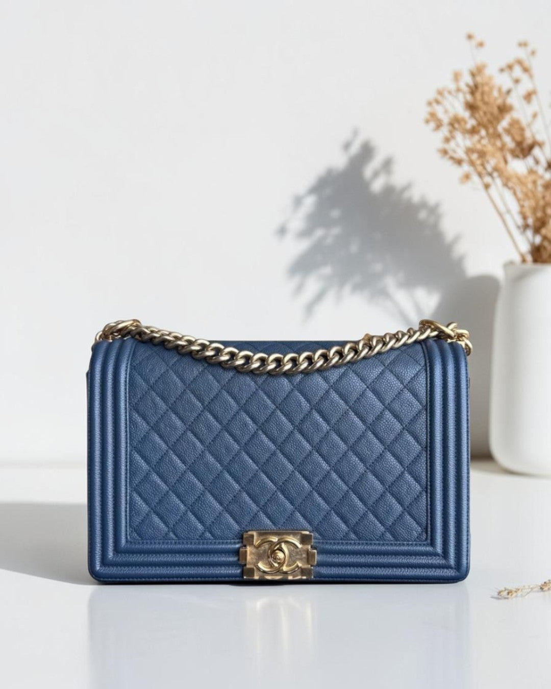 Chanel Boy New Medium - Caviar 28CM Quilted Grained Calfskin Blue Gold Hardware Series 23