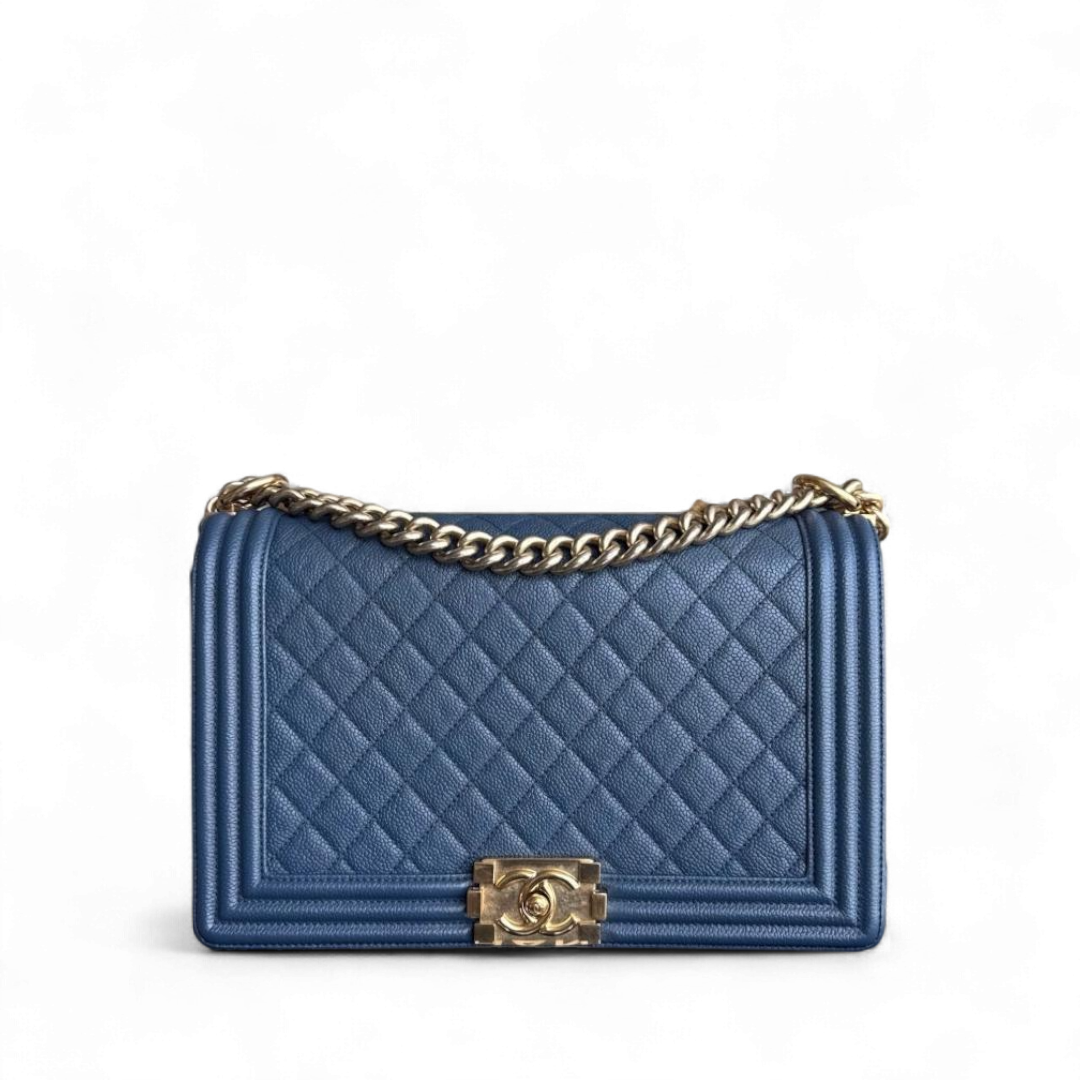 Chanel Boy New Medium - Caviar 28CM Quilted Grained Calfskin Blue Gold Hardware Series 23