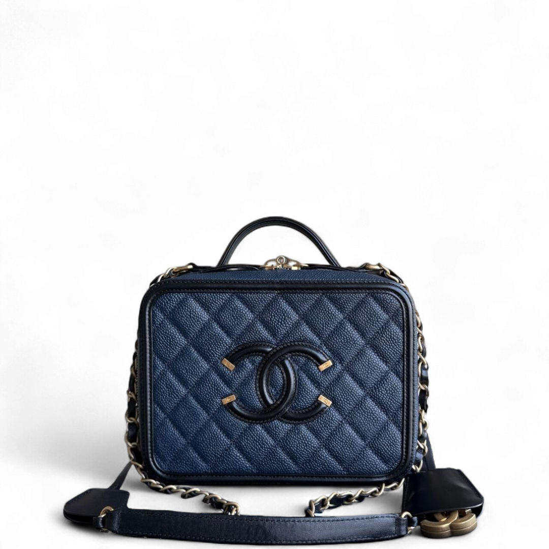 Chanel Filigree Vanity Case Medium - Caviar 21CM Grained Calfskin Dark Navy Blue Gold Hardware Series 23