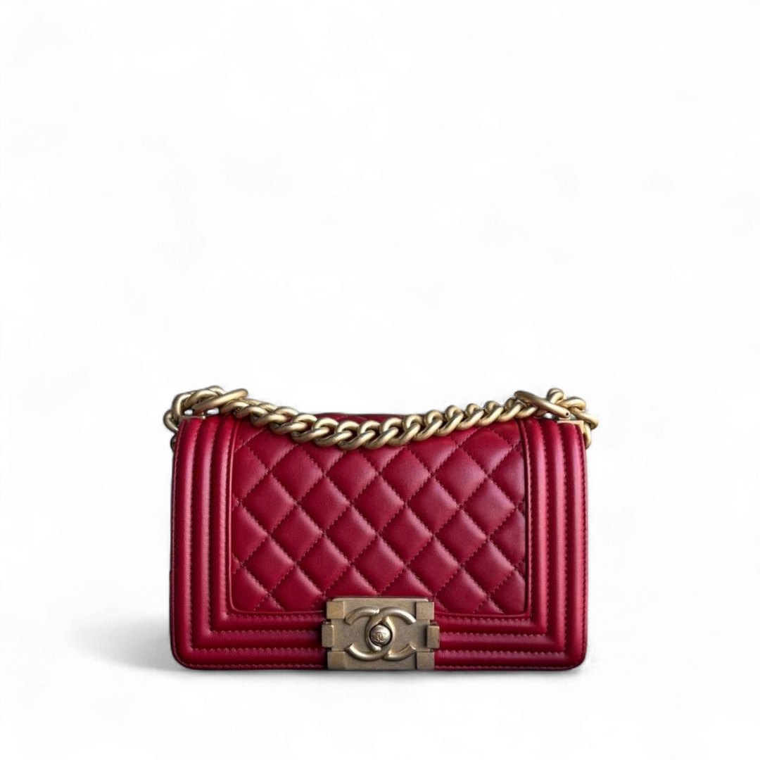 Chanel Boy Small - Quilted Lambskin Dark Red Gold Hardware Series 24