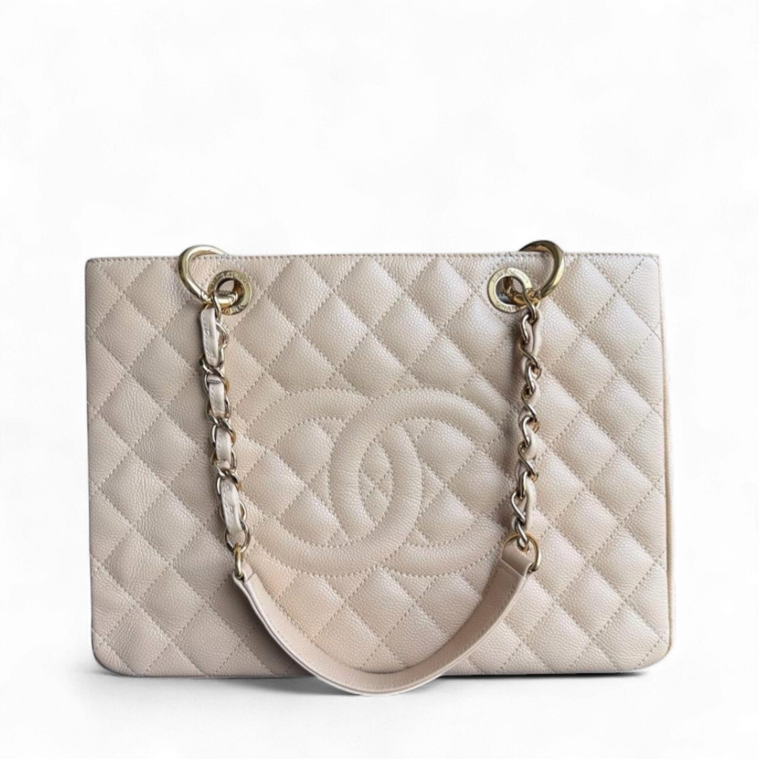 Chanel GST Grand Shopping Tote - Caviar Grained Calfskin Light Beige Gold Hardware Series 14