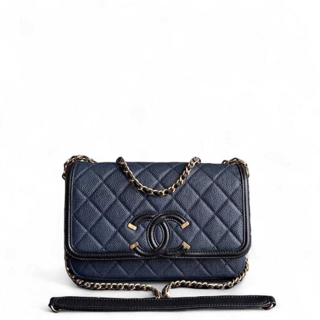 Chanel Filigree CC Small - Caviar Quilted Grained Calfskin Dark Navy Blue Black Gold Hardware Series 23