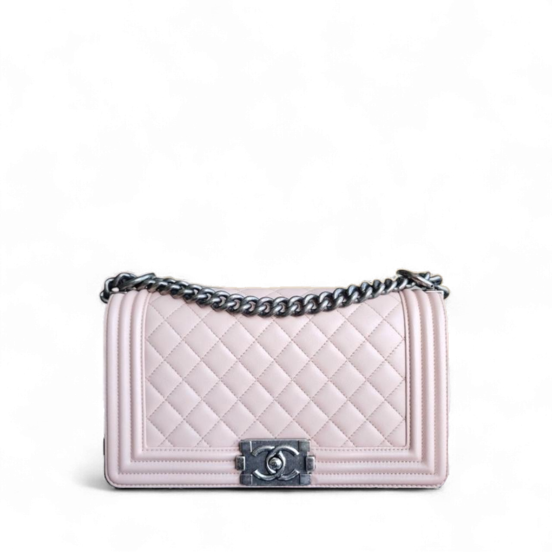 Chanel Boy Medium - Quilted Lambskin Light Sakura Pink Ruthenium Silver Hardware Series 23