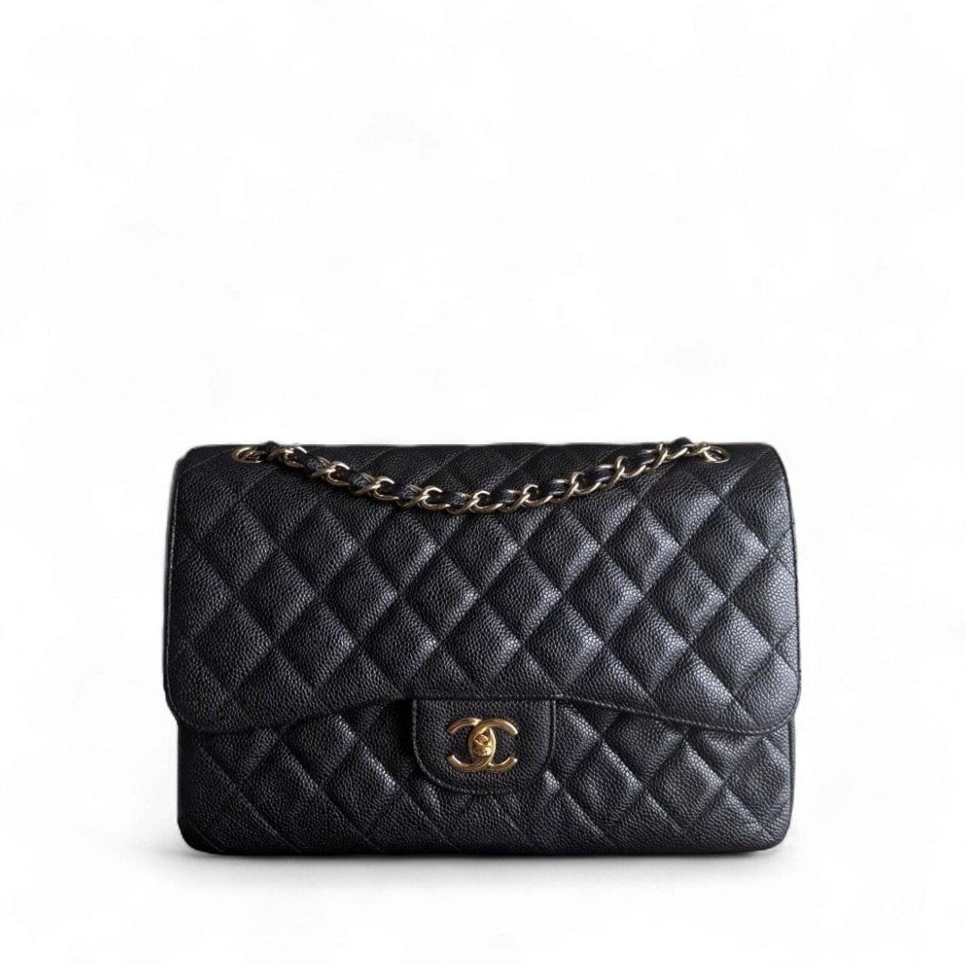 Chanel Classic Flap Jumbo - Caviar 30CM Double Flap Quilted Grained Calfskin Black Gold Hardware Series 15